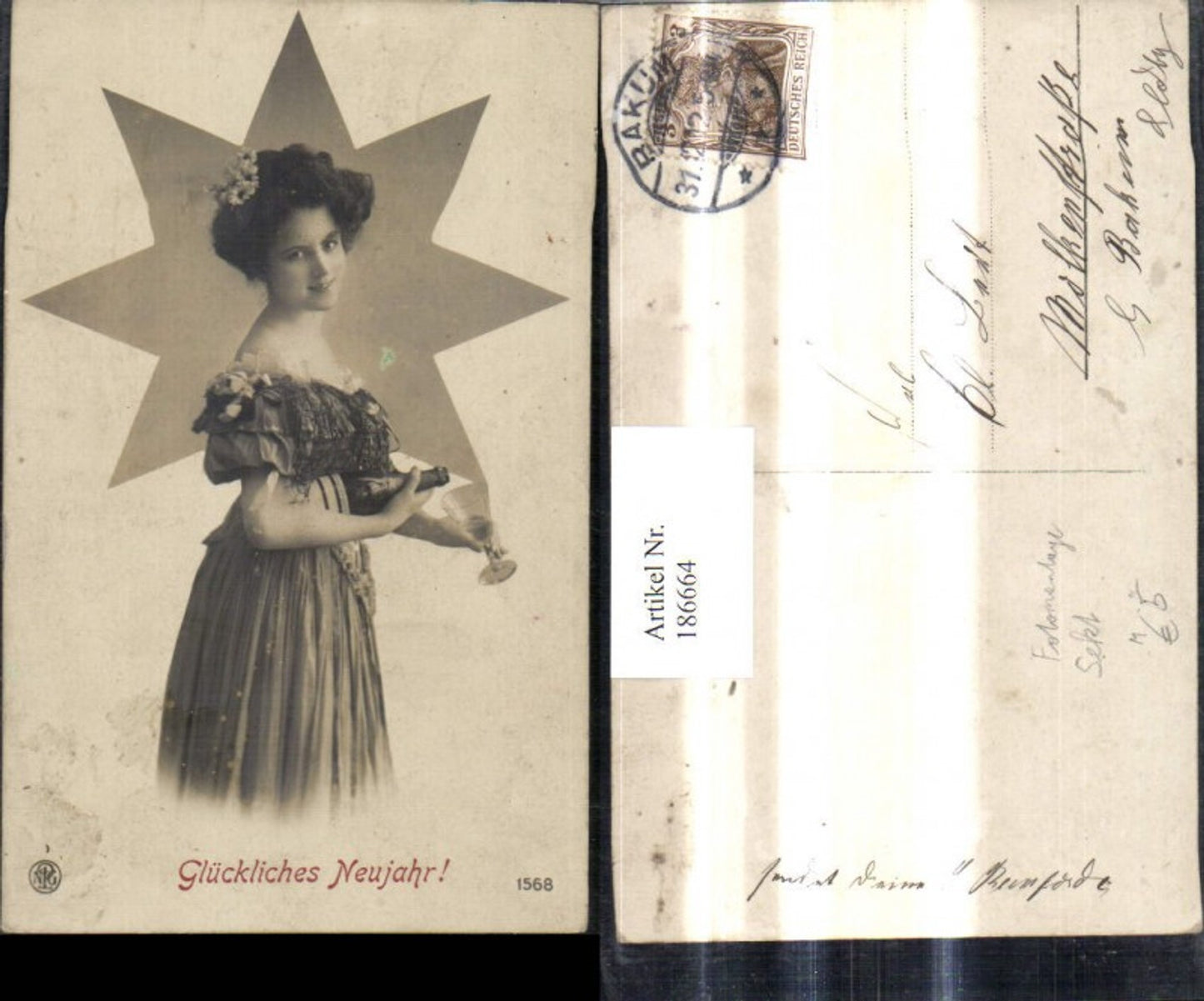 186664,Fotomontage Ak Frau m. Sekt Sektflasche Glas Stern Neujahr pub NPG 1568