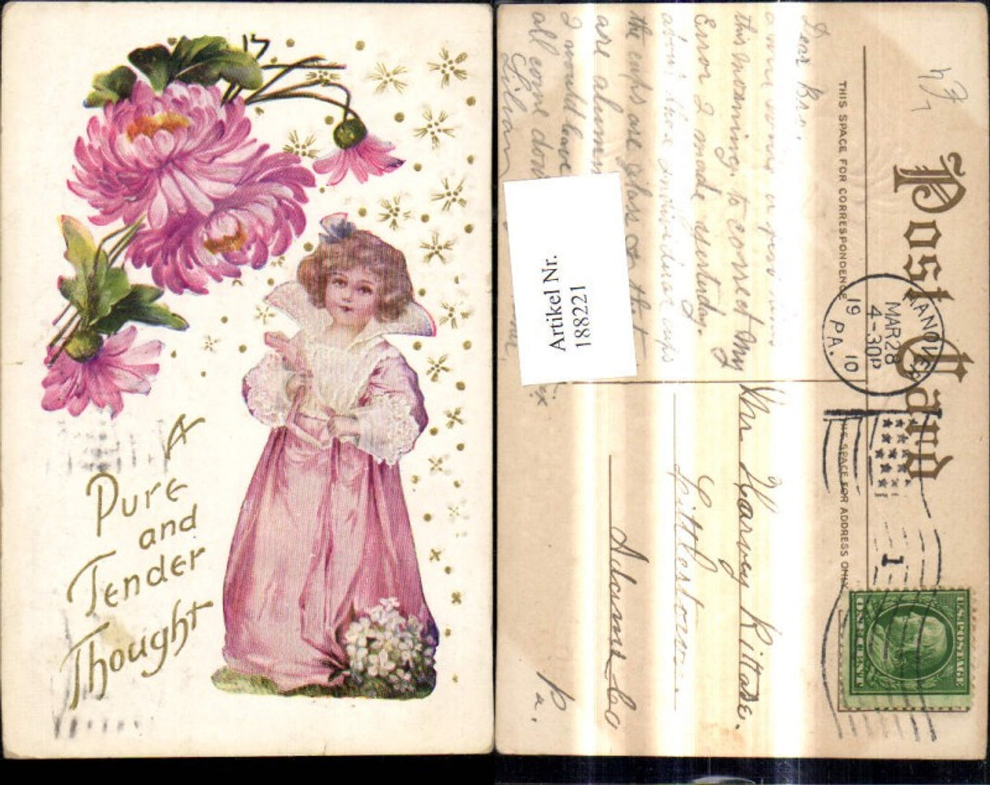 188221,Präge Litho Mädchen Blume Goldverzierung Goldverzierung