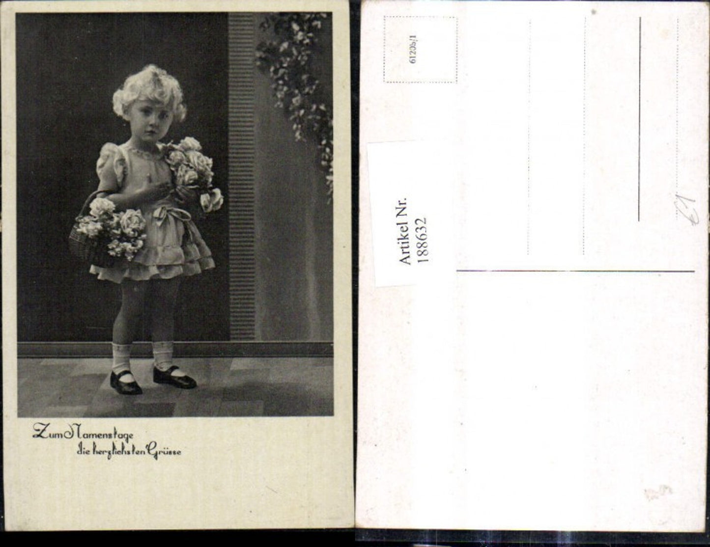 188632,Kind Mädchen i. Kleid m. Korb Rosen Blumen Namenstag Passepartout