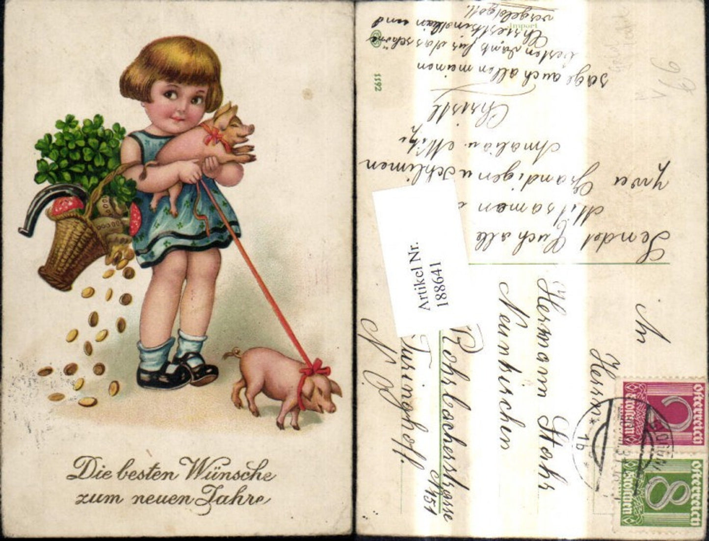 188641,Künstler Ak Mädchen m. Schweine Ferkel Korb Hufeisen Pilz Fliegepilz Geld Münzen Neujahr pub EAS 1192