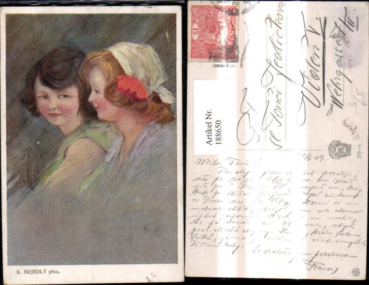 188650,Künstler Ak K. Nejedly Mädchen Kinder Kopftuch Blume i. Haar