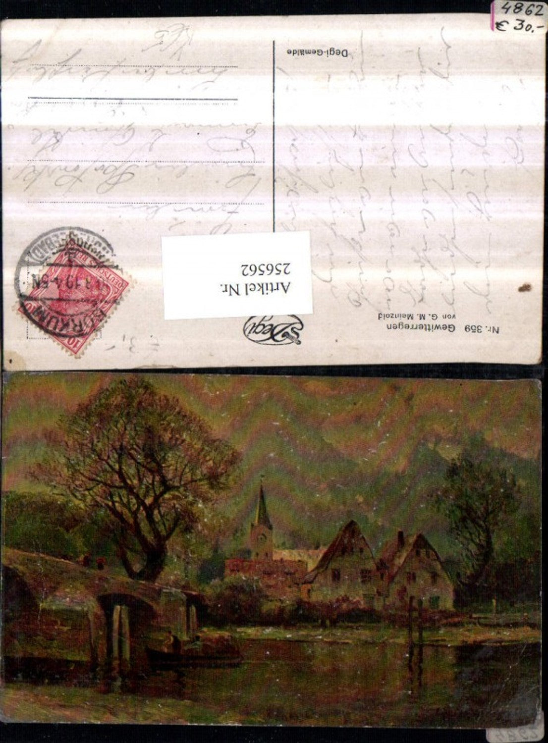 256562,Degi AK 359 Künstler G. M. Meinzold Gewitterregen Ortsansicht Kirche Brücke
