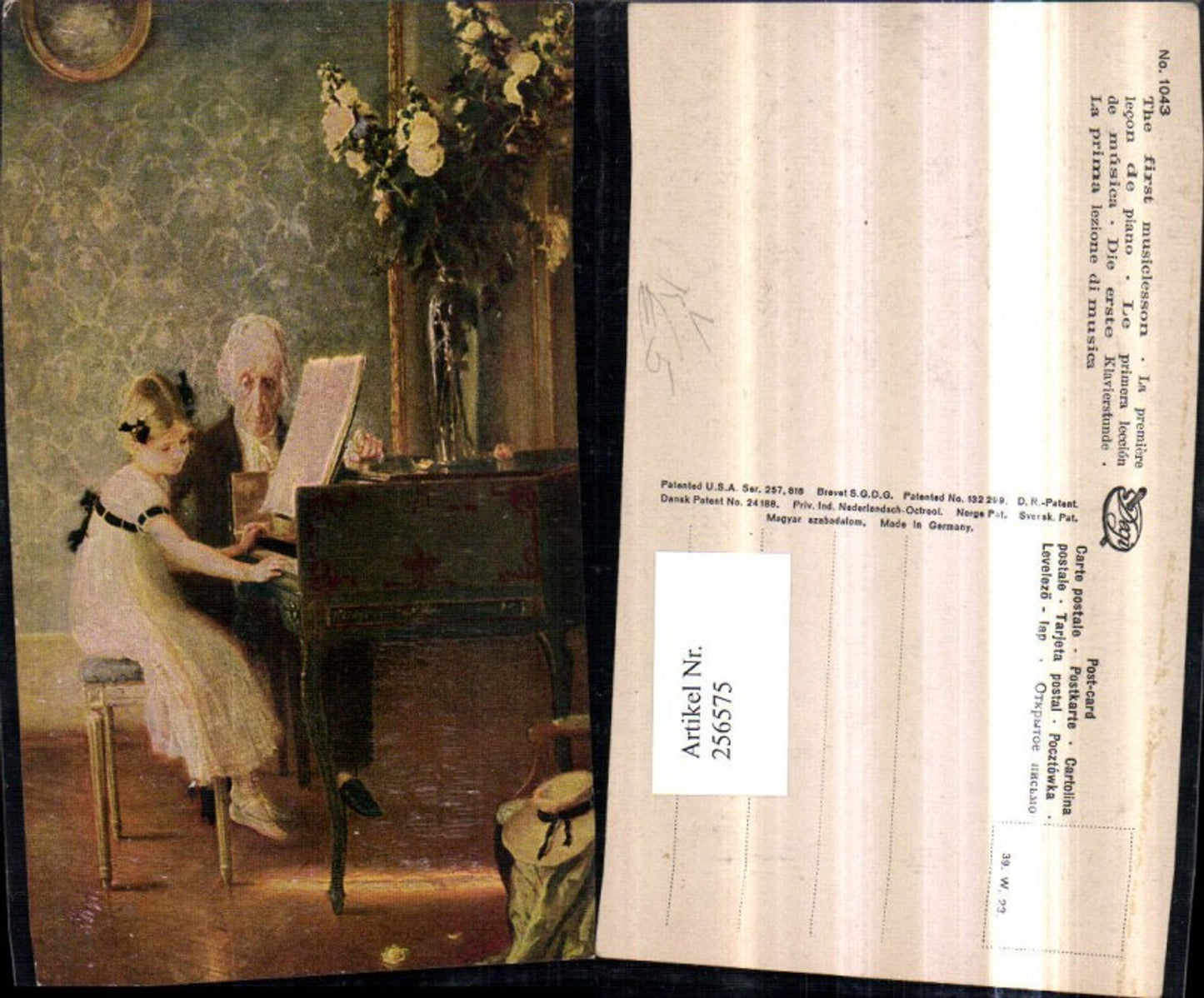 256575,Degi AK 1043 Künstlerkarte Die erste Klavierstunde Mädchen m. Kleid b. Klavier spielen Rosenstrauß