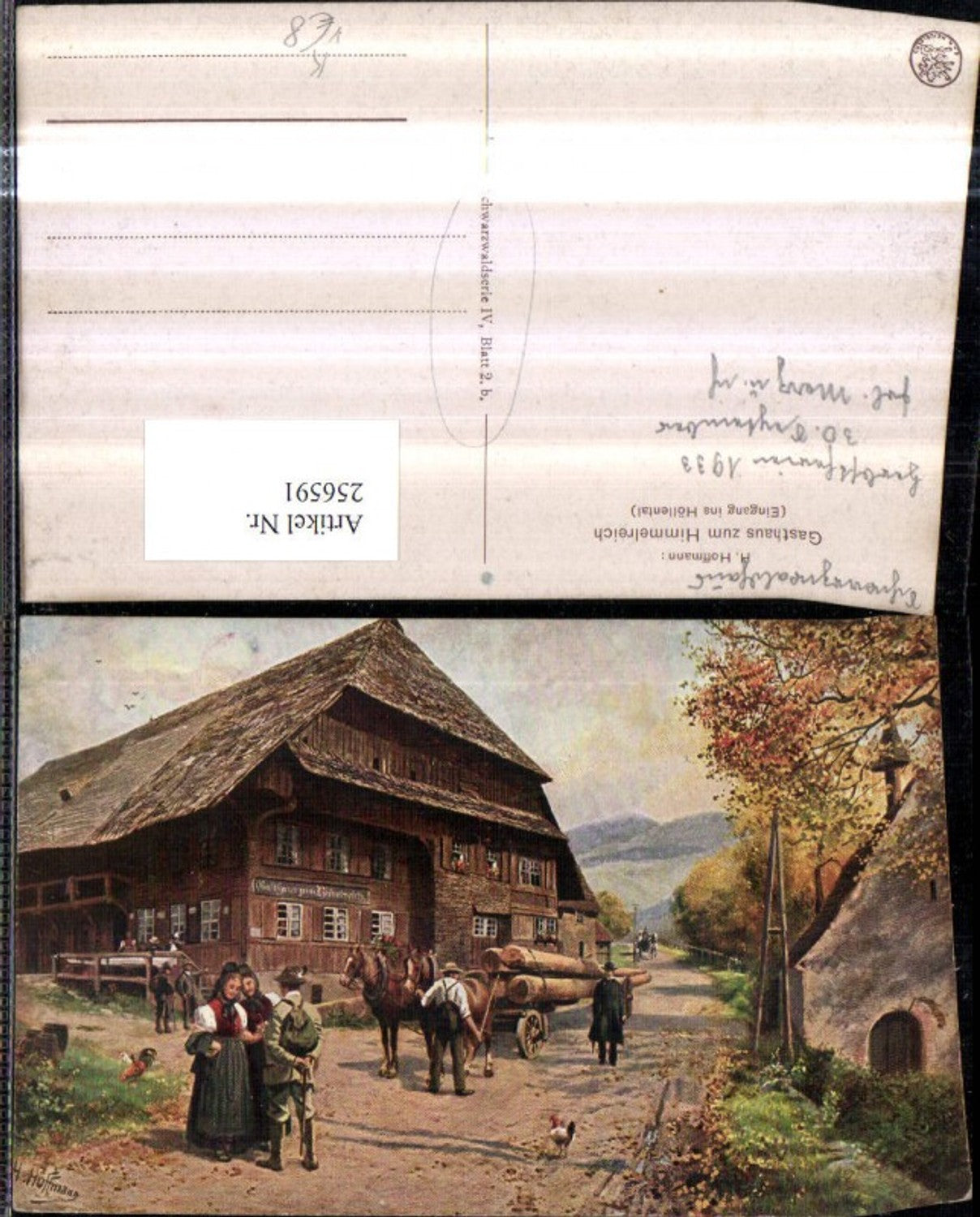 256591,Künstler AK Heinrich Hoffmann Schwarzwald 4/2 b Gasthaus zum Himmelreich Eingang ins Höllental Tracht Pferde