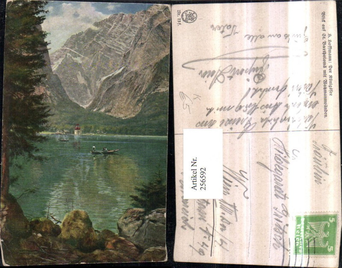 256592,Künstler AK Heinrich Hoffmann Der Königssee Blick auf St. Bartholomä m. Watzmannwänden Bergkulisse