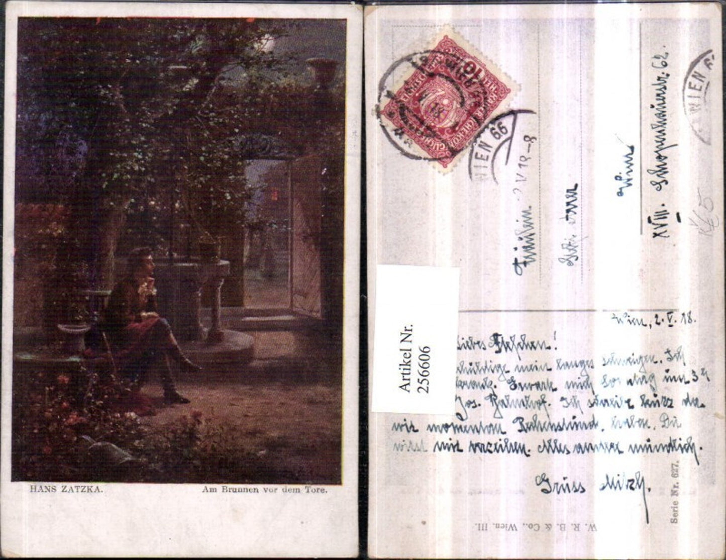256606,Künstler H. Zatzka Am Brunnen vor d. Tore Mann m. Hut Tür Baum Mondschein