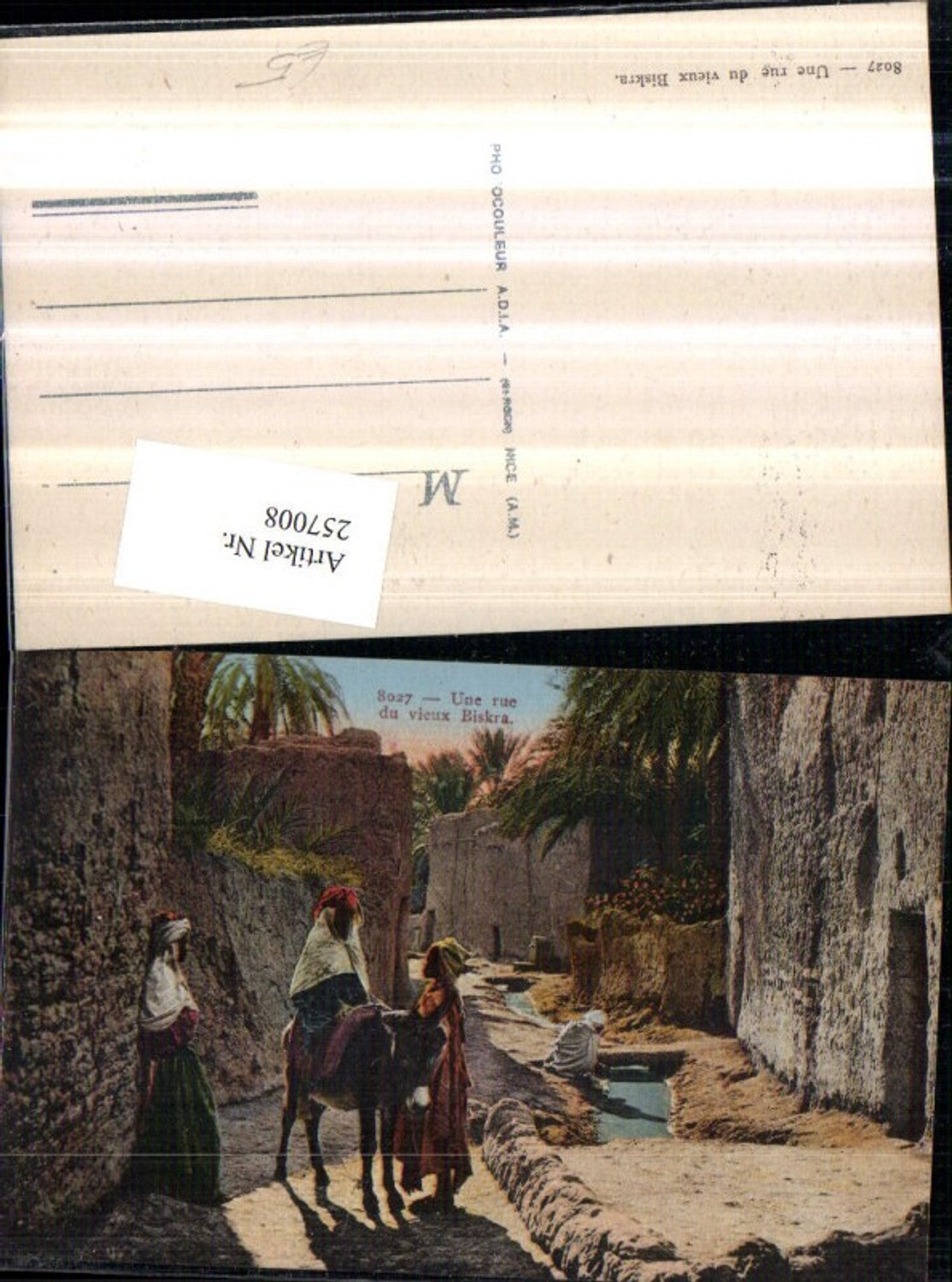 257008,Une rue du vieux Biskra Straße Volkstypen Esel