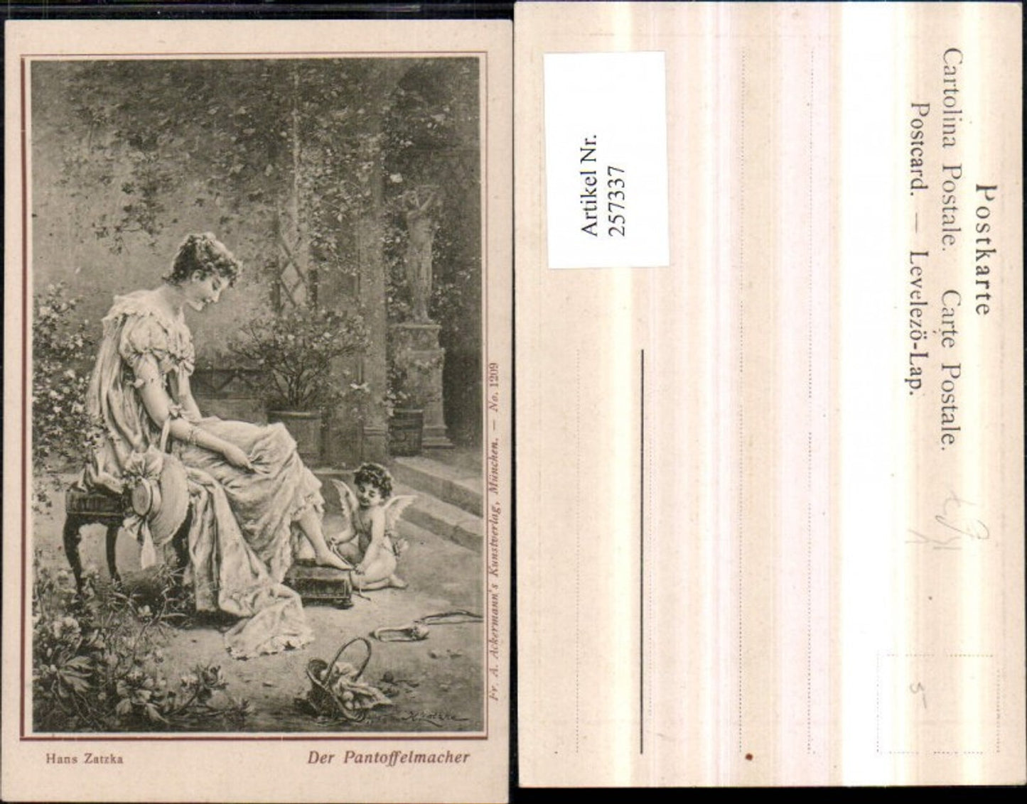 257337,Künstler AK H. Zatzka Der Pantoffelmacher Frau m. Kleid Hut Amor Engel Fuß messen pub A. Ackermann 1209