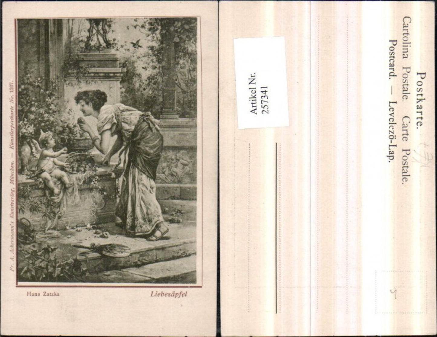 257341,Künstler AK H. Zatzka Liebesäpfel Frau m. Kleid Sandale Äpfel Amor Engel pub A. Ackermann 1207