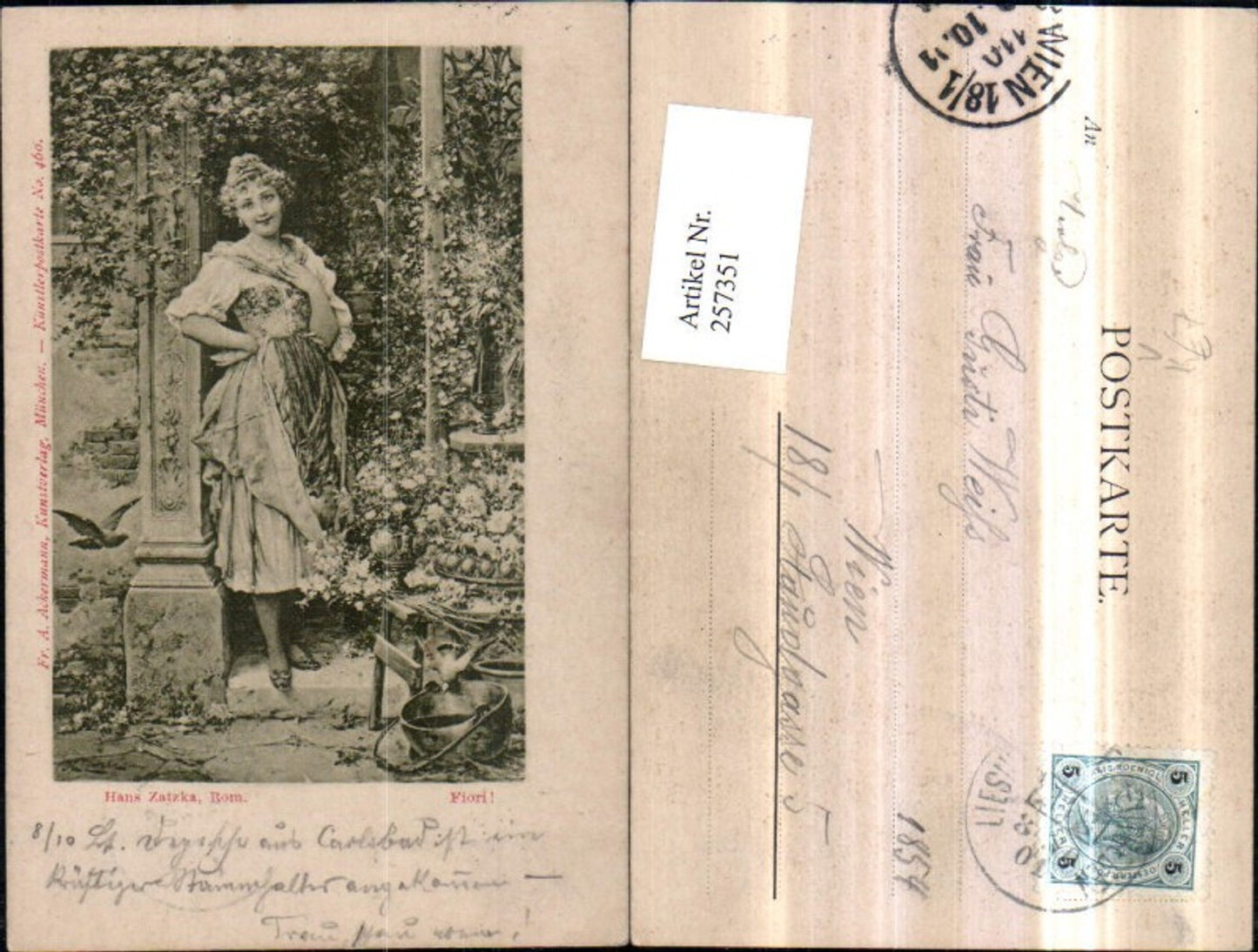 257351,Künstler AK H. Zatzka Fiori Frau m. Kleid Vögel pub A. Ackermann 460