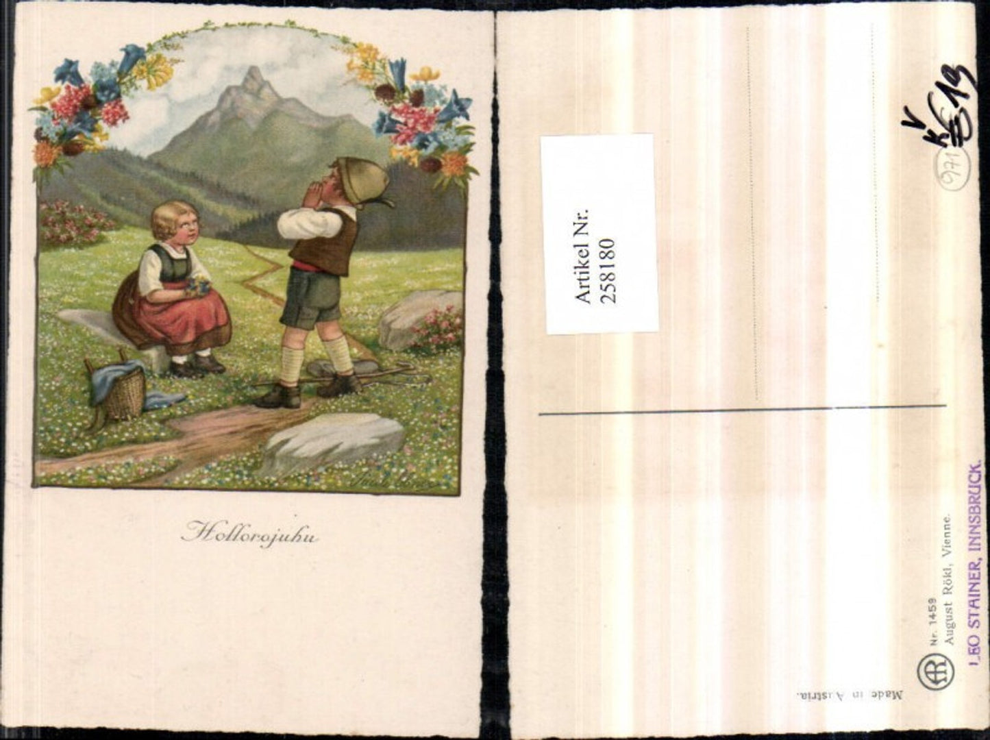 258180, Artist AK Pauli Ebner Hollorojuhu Children's traditional costume Yodeling Mountain backdrop pub August Rökl 1459