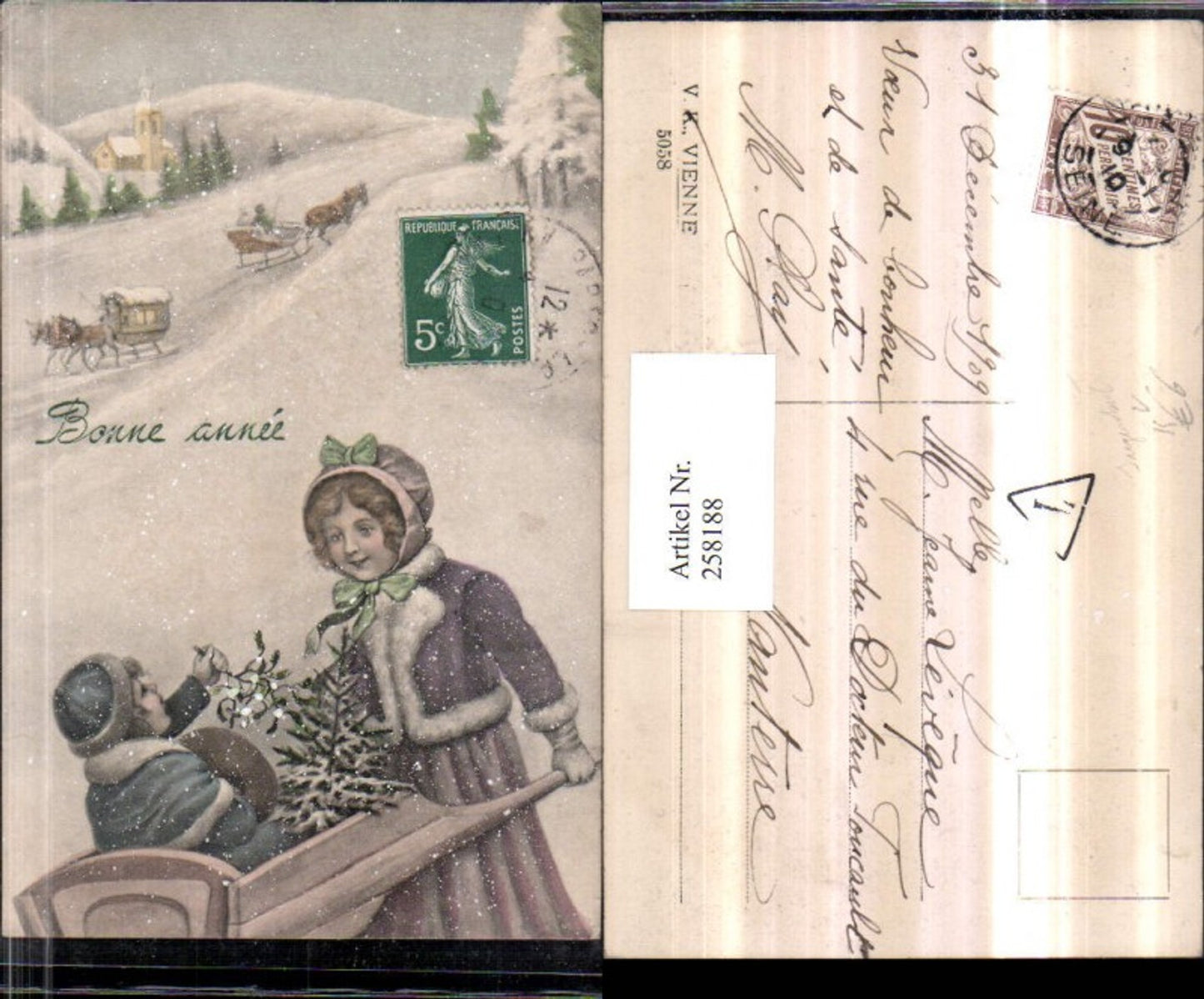 258188,V.K. Vienne 5058 Jugendstil Mädchen Junge Schubkarre Pferdeschlitten Kirche Winterbild