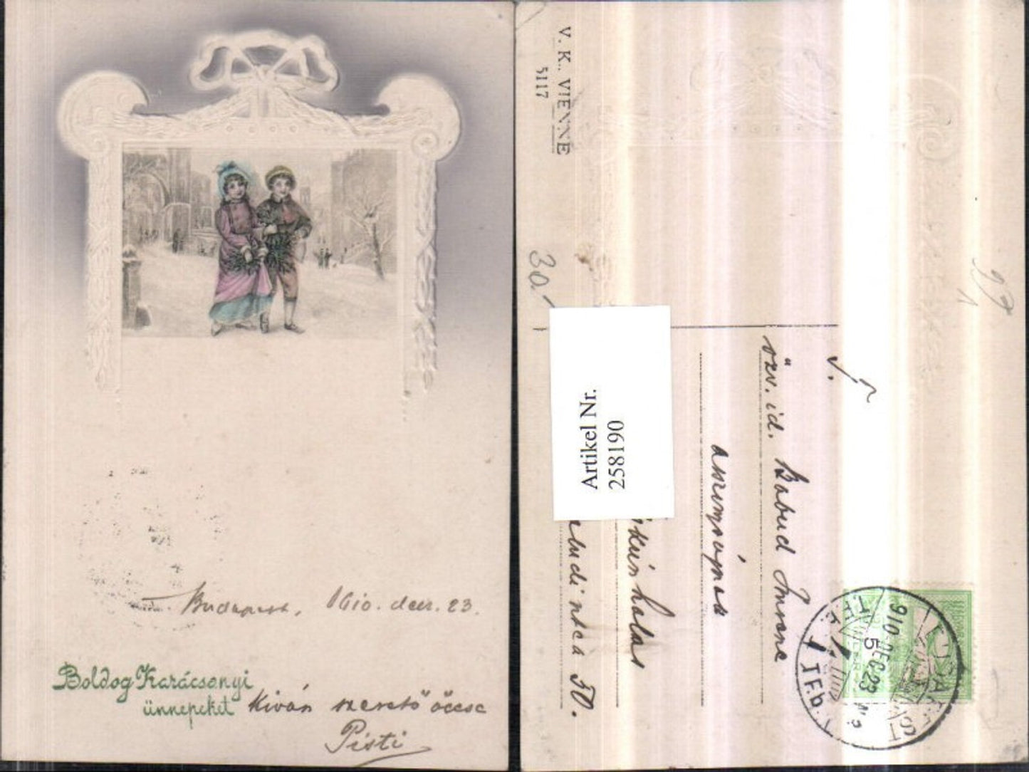258190,V.K. Vienne 5117 Prägekarte Kinder Hauben Dorf Ansicht Winterbild Passepartout