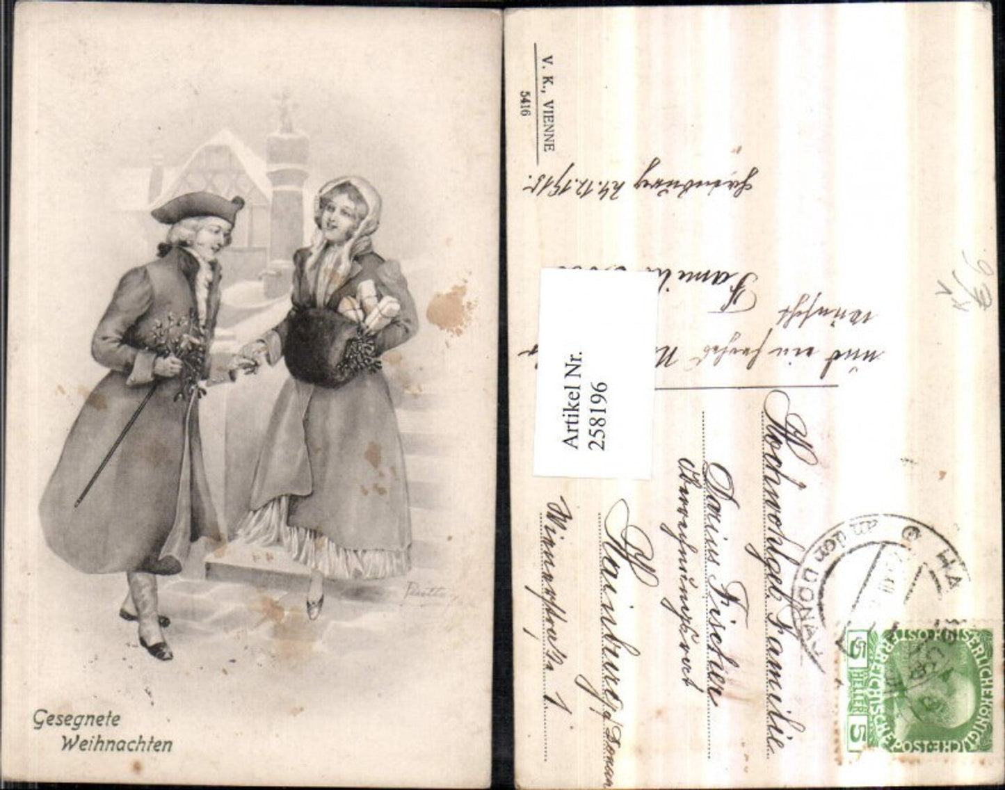 258196,V.K. Vienne 5416 Künstlerkarte Weihnachten Frau m. Mantel Muff Geschenke Mann m. Hut Stock Mistelzweige