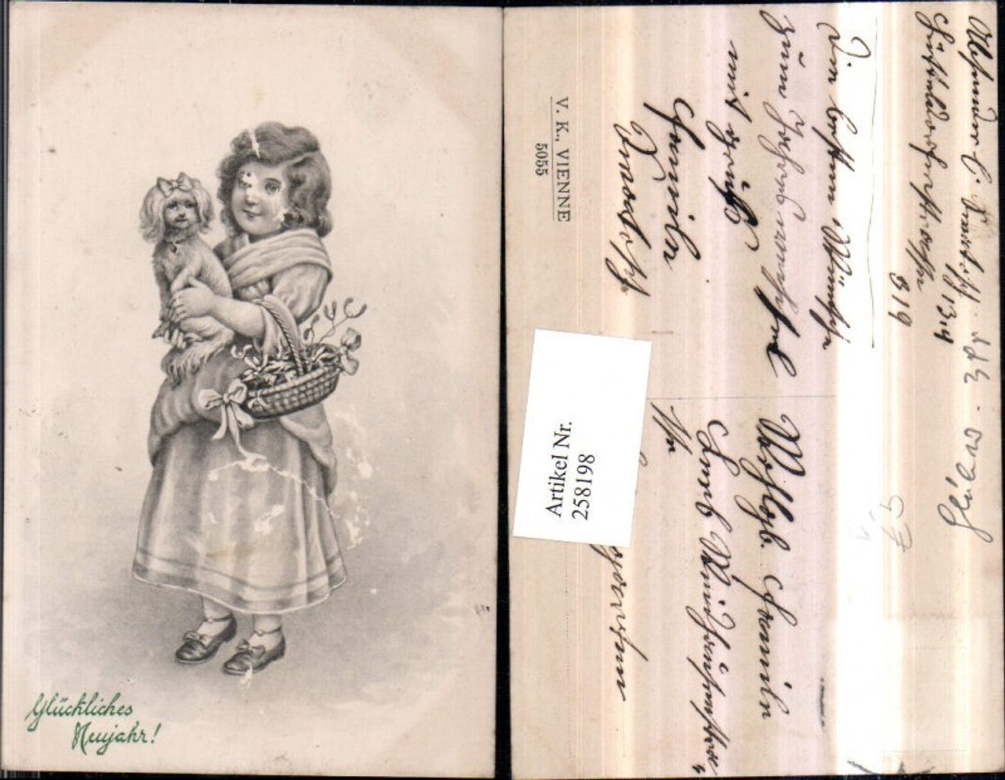 258198,V.K. Vienne 5055 Neujahr Kind Mädchen m. Hund Korb Mistelzweige