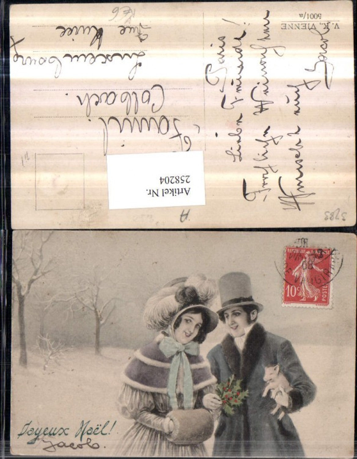 258204,VK Vienna 5001/a Artist card Lovers Man with hat Piglet Woman with hat Muff