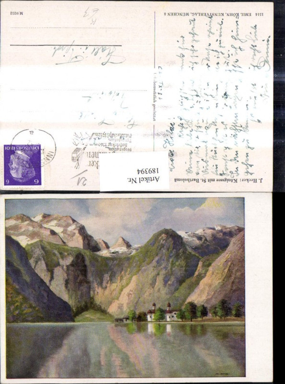 189394,Künstler Ak J. Hecker Königssee m. St. Bartholomä Landschaft Bergkulisse