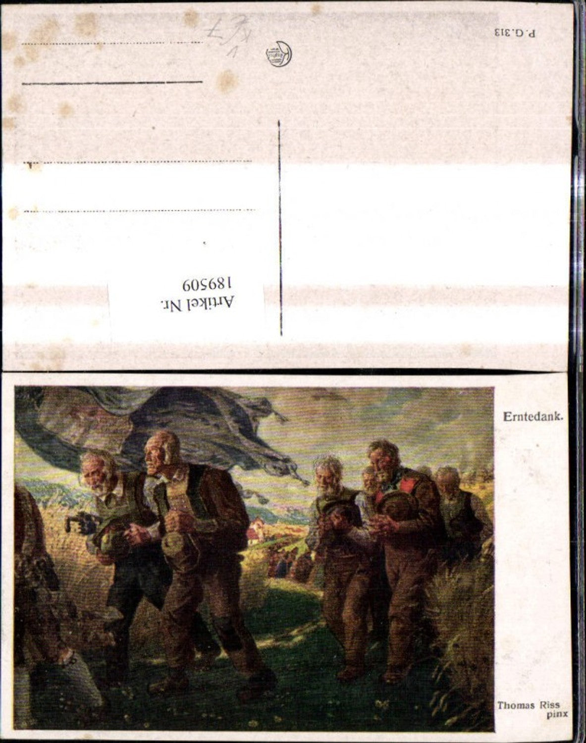 189509, Artist Ak Thomas Riss Harvest Festival Old Men Farmers Flag Country Lane Procession pub Kilophot PG 313