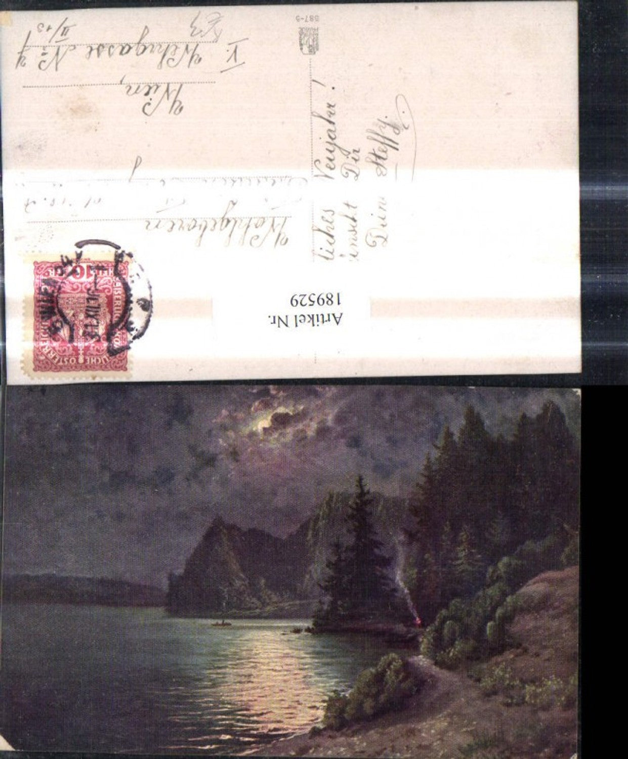 189529,Künstler Ak Lagerfeuer Ufer See Ruderboot Boot b. Mondschein