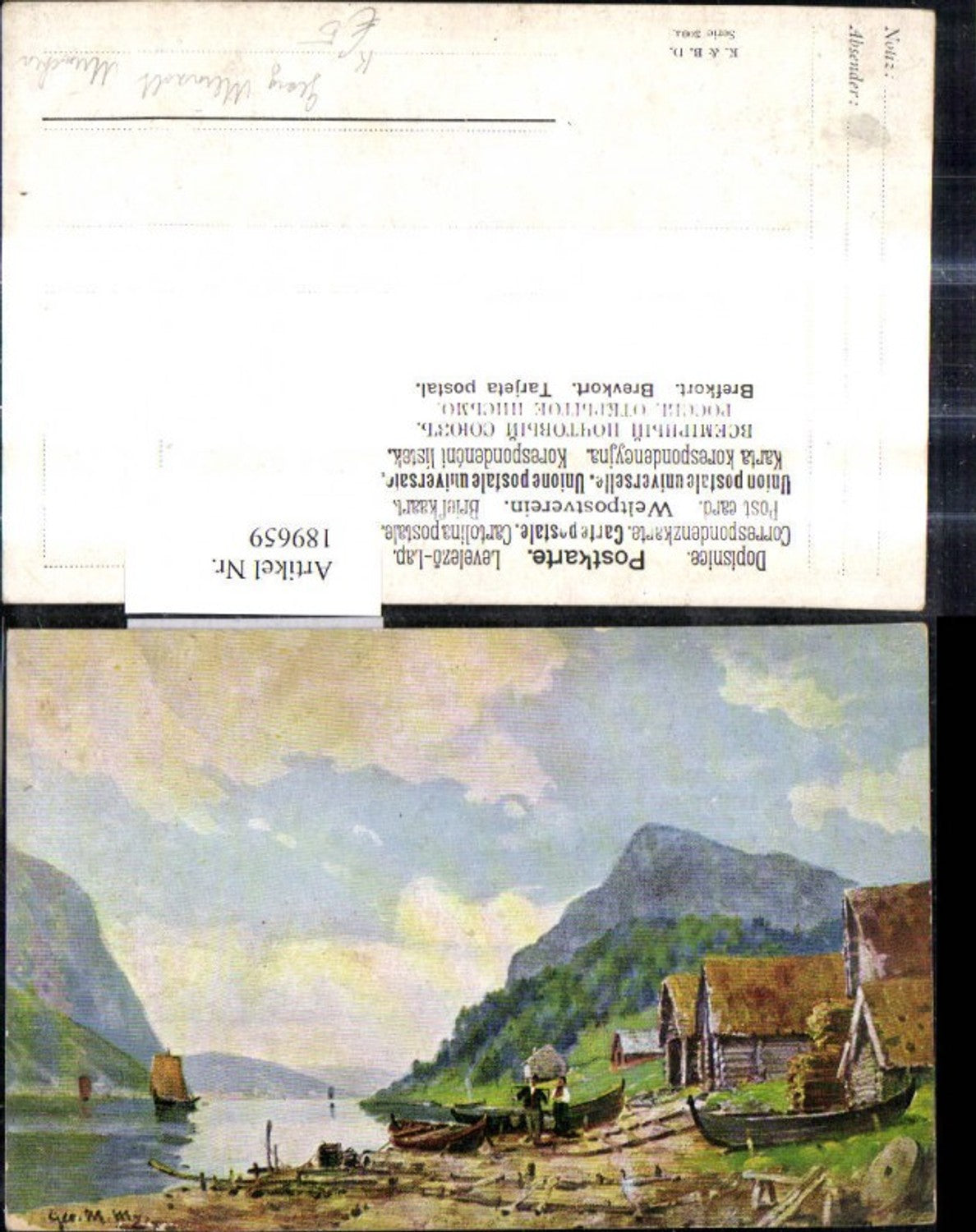 189659,Künstler Ak Georg Meinzolt München Holzhäuser Boote Ufer Fluss Segelboot Landschaft