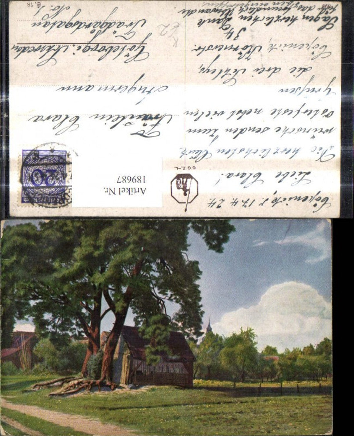 189687,Künstler Ak Holzhaus Scheune unter Baum Landschaft