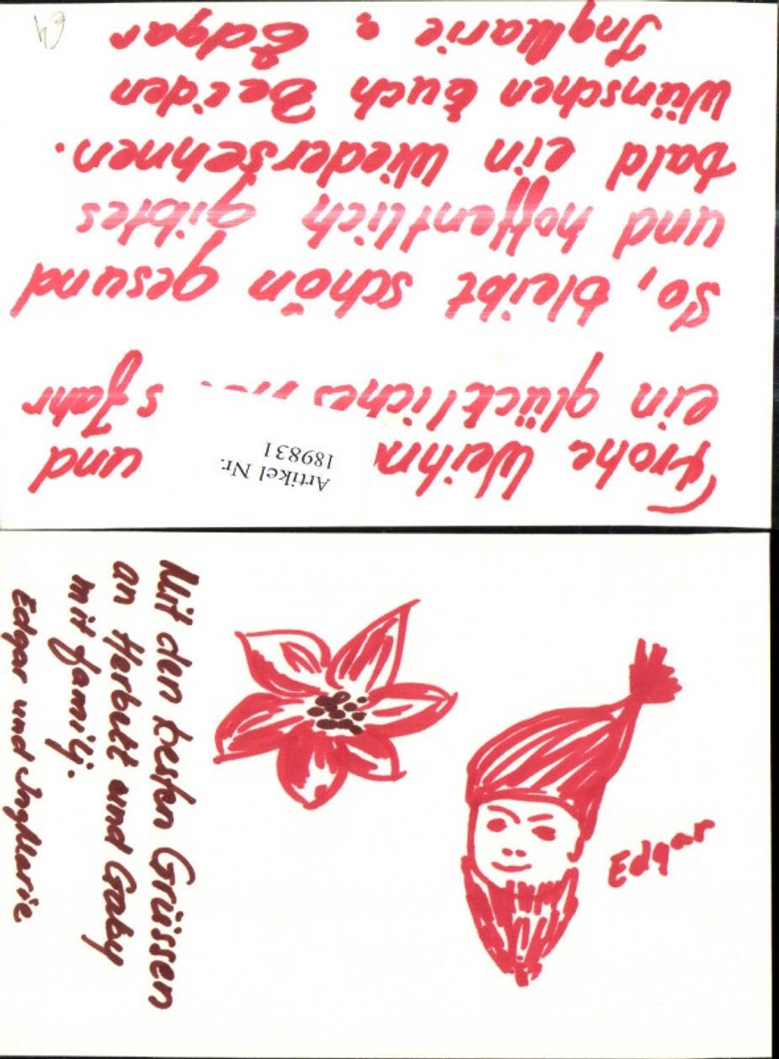 189831,Künstler Ak Handgemalt Kopf m. Mütze Bart Blume Blüte Text