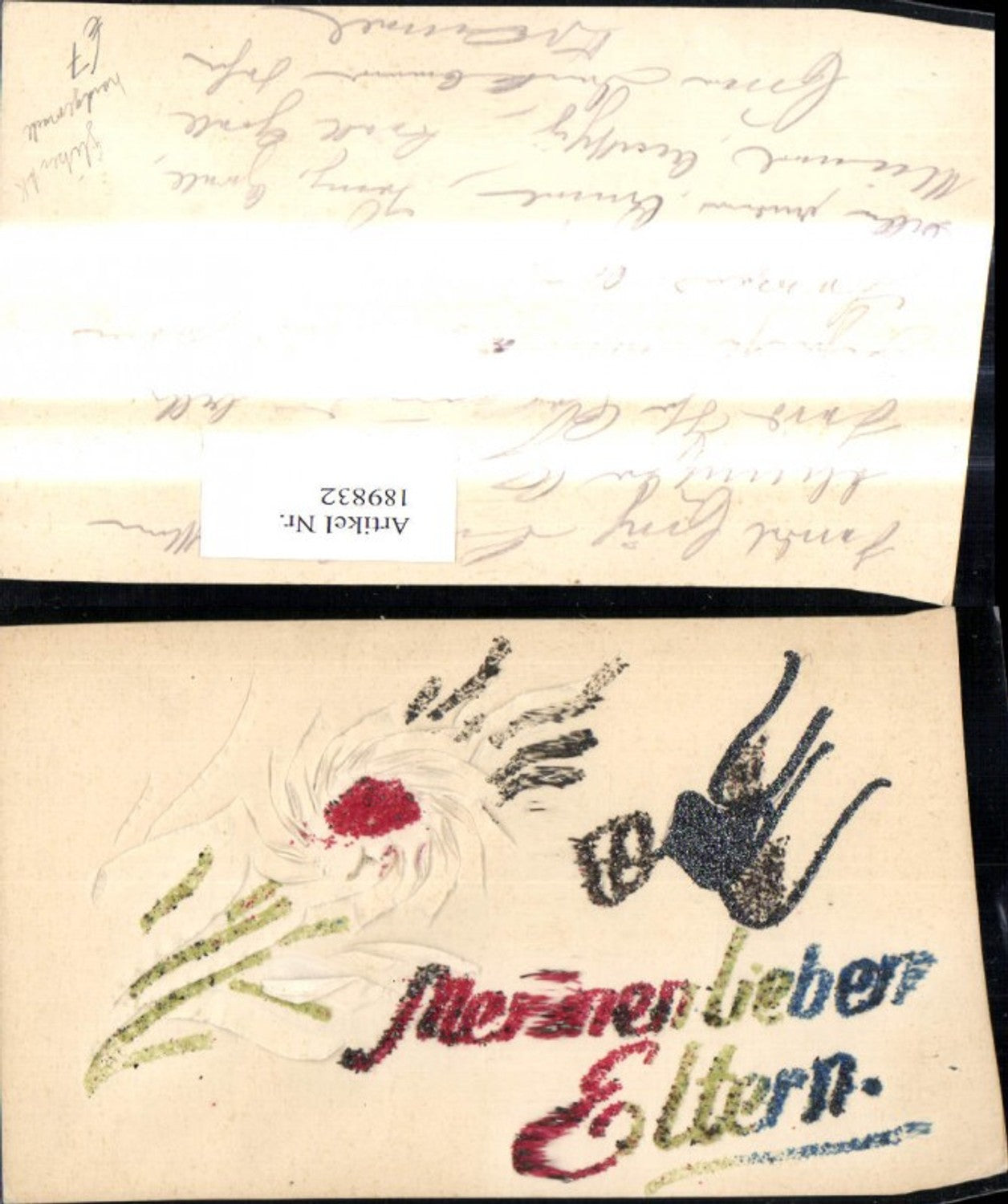189832,Glitzer Ak Relief Handgemalt Blume Schrift