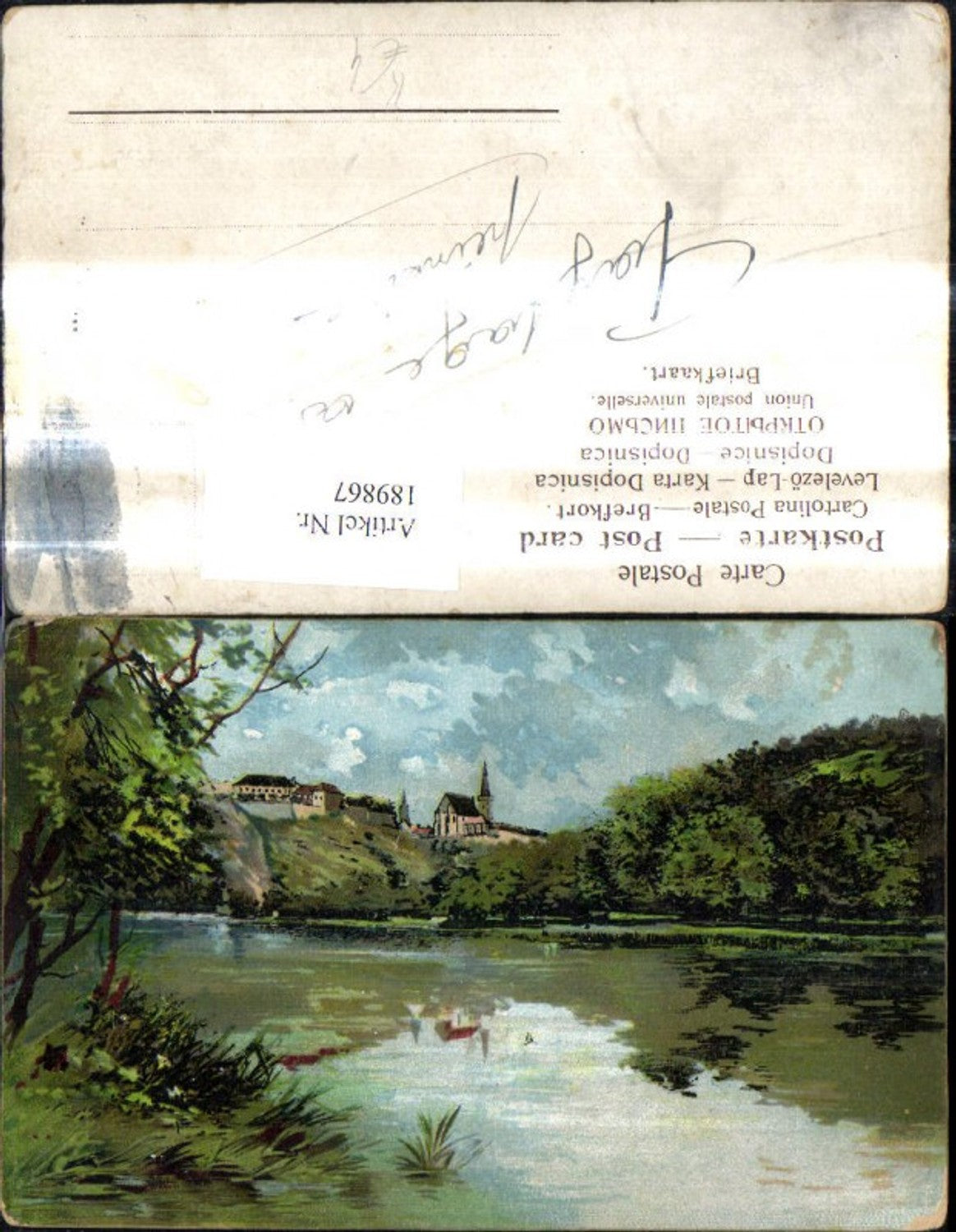 189867,Künstler Ak Kirche Dorf Fluss Landschaft