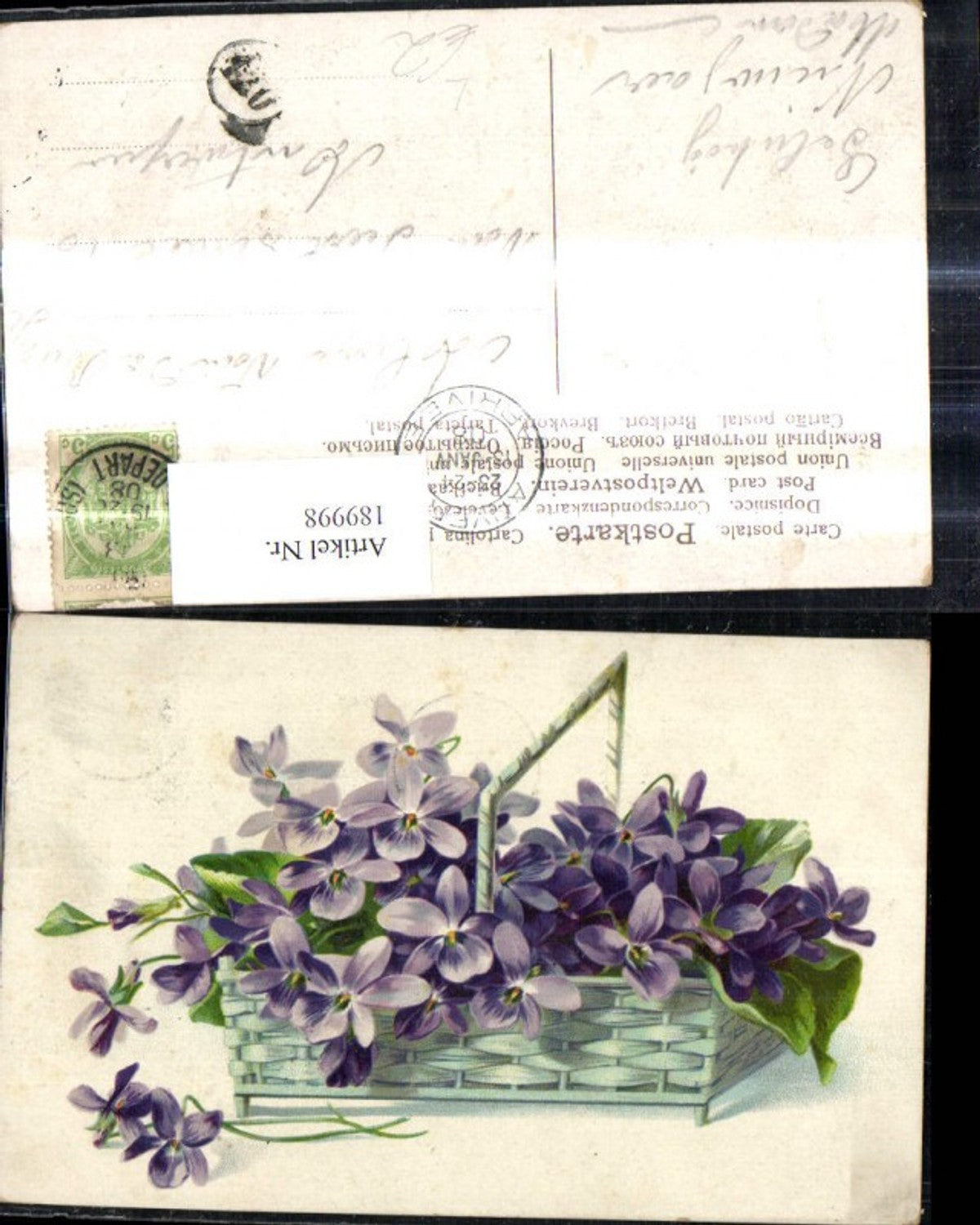 189998, Artist Lithograph Basket Willow Basket with Violets Flowers