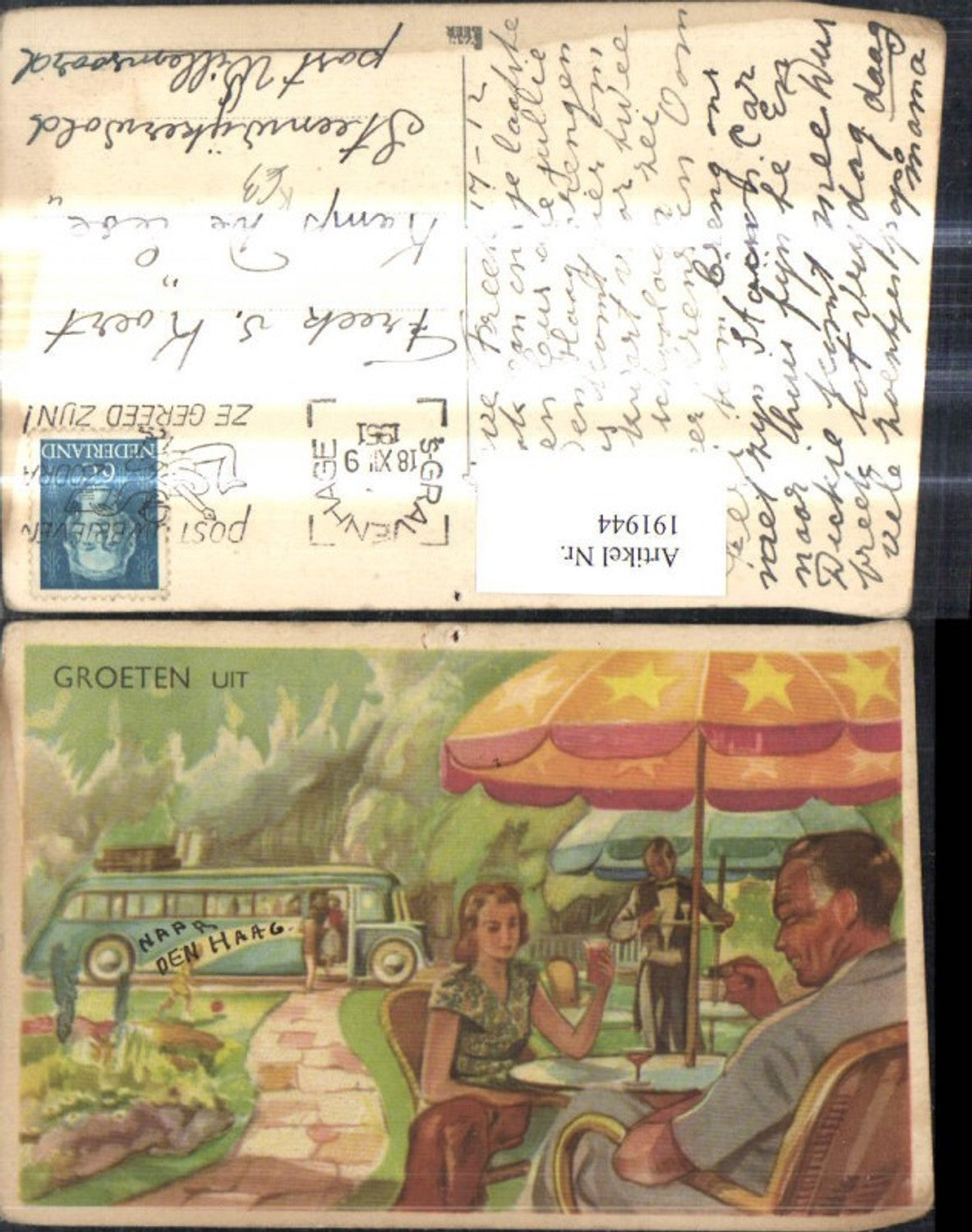 191944,Künstler Ak Paar a. Gartentisch Schirm Reisebus Bus i. Hintergrund