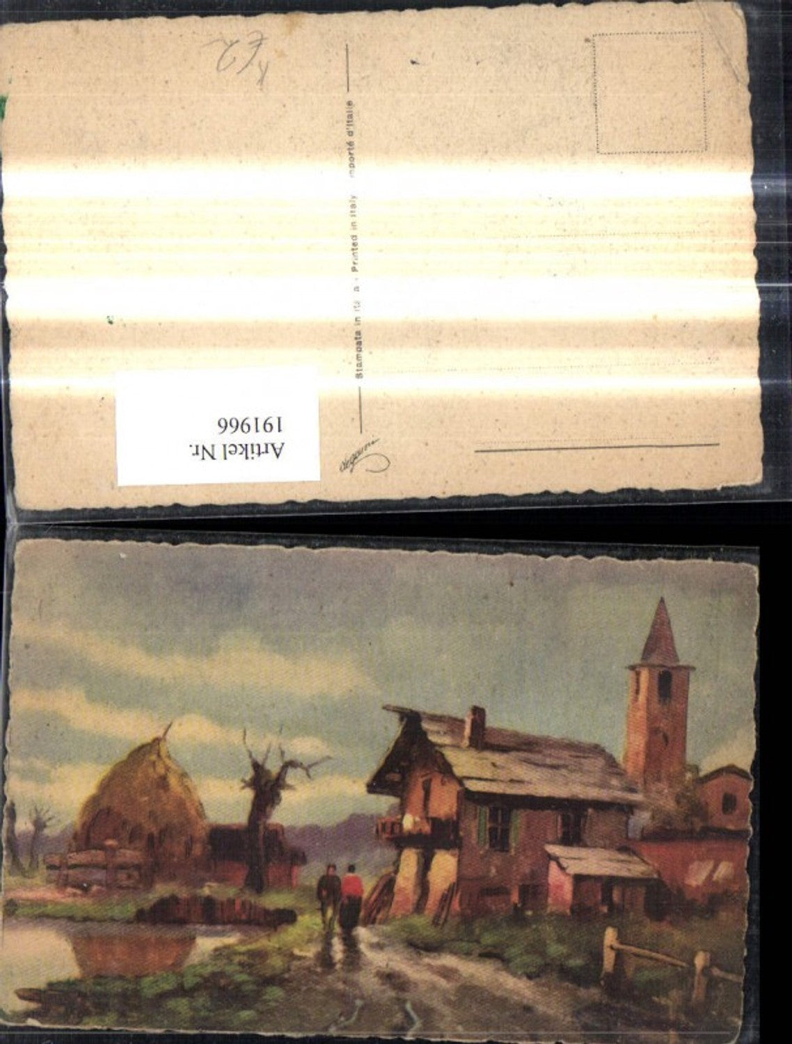 191966,Künstler Ak Dorf Dorfstrasse Teich Landschaft