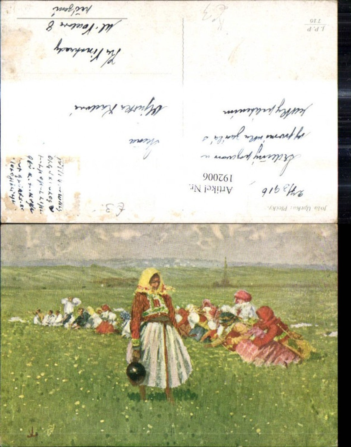 192006,Künstler Ak Joza Uprka Plecky Frauen Männer Tracht Blumenwiese Landschaft
