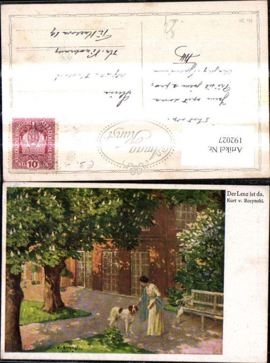 192027,Künstler Ak Kurt v. Rozynski Der Lenz ist da Frau Hund i. Garten Haus