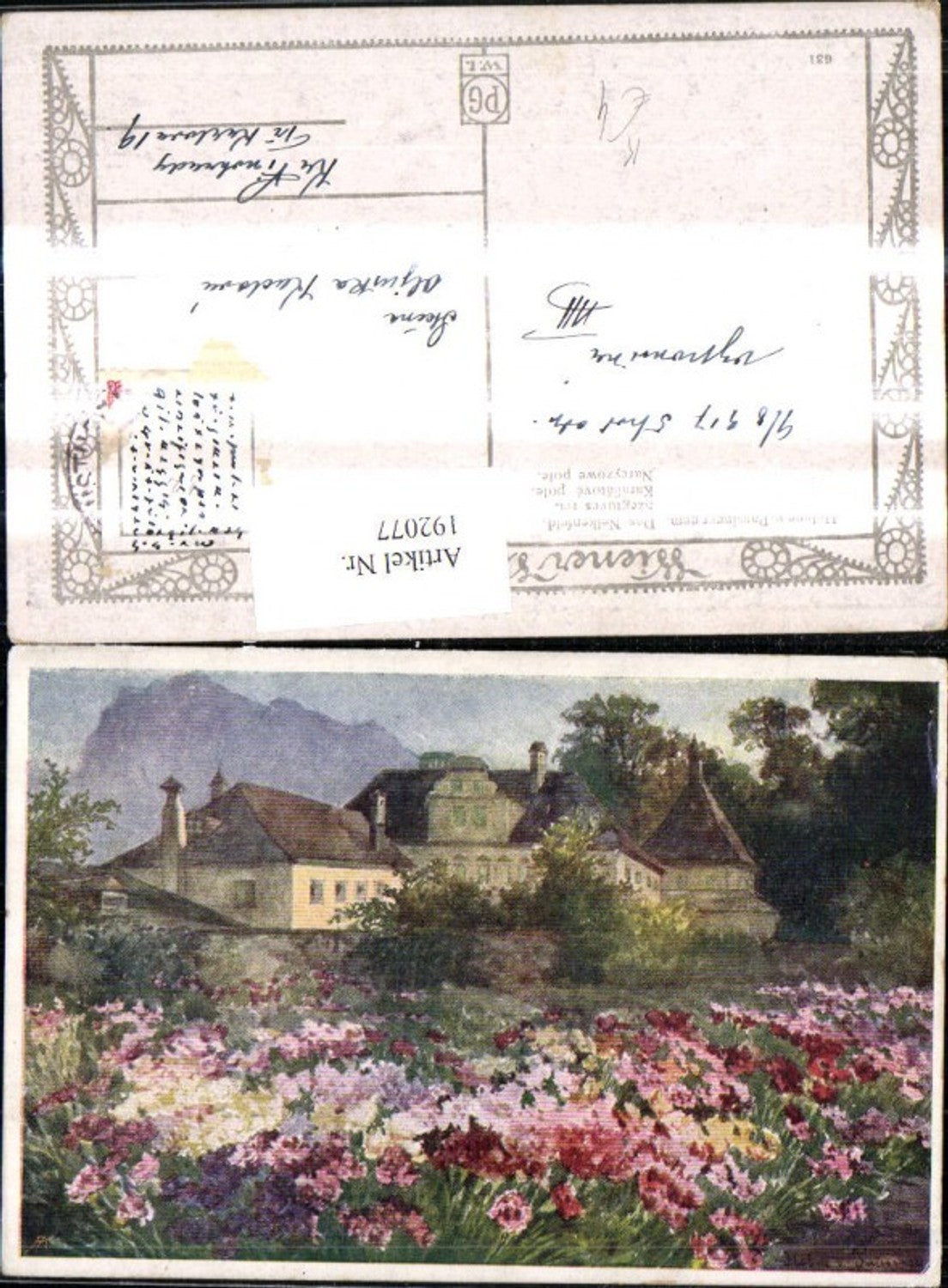 192077,Künstler Ak Helene v. Pausinger Das Nelkenfeld Blumen Haus Bergkulisse