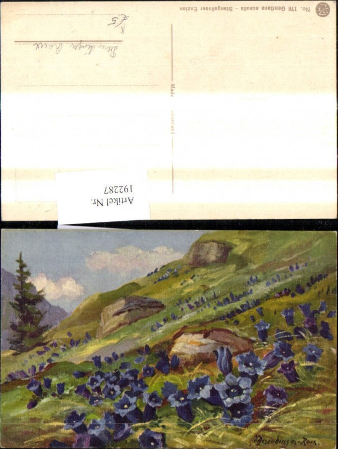 192287,Künstler Ak D. Derendinger Roux Stengelloser Enzian Alpenflora Landschaft