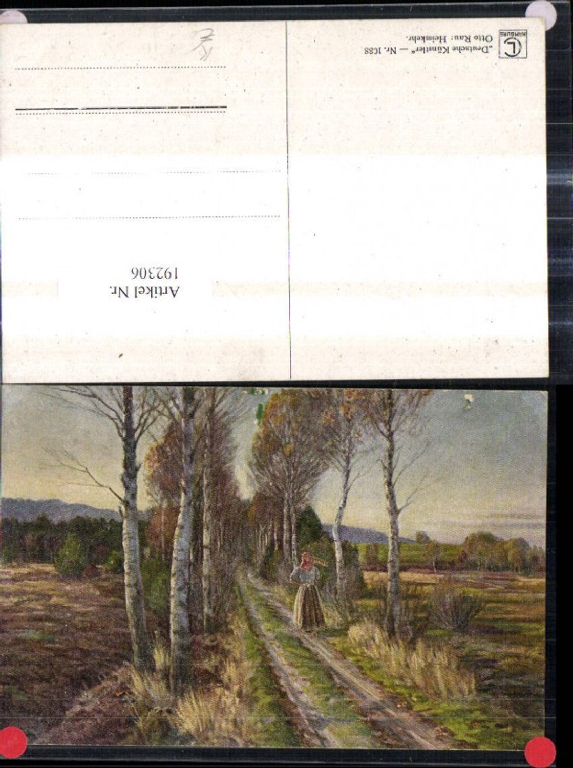 192306,Künstler Ak Otto Rau Heimkehr Frau Bäuerin m. Sense Weg Birken Allee Landschaft