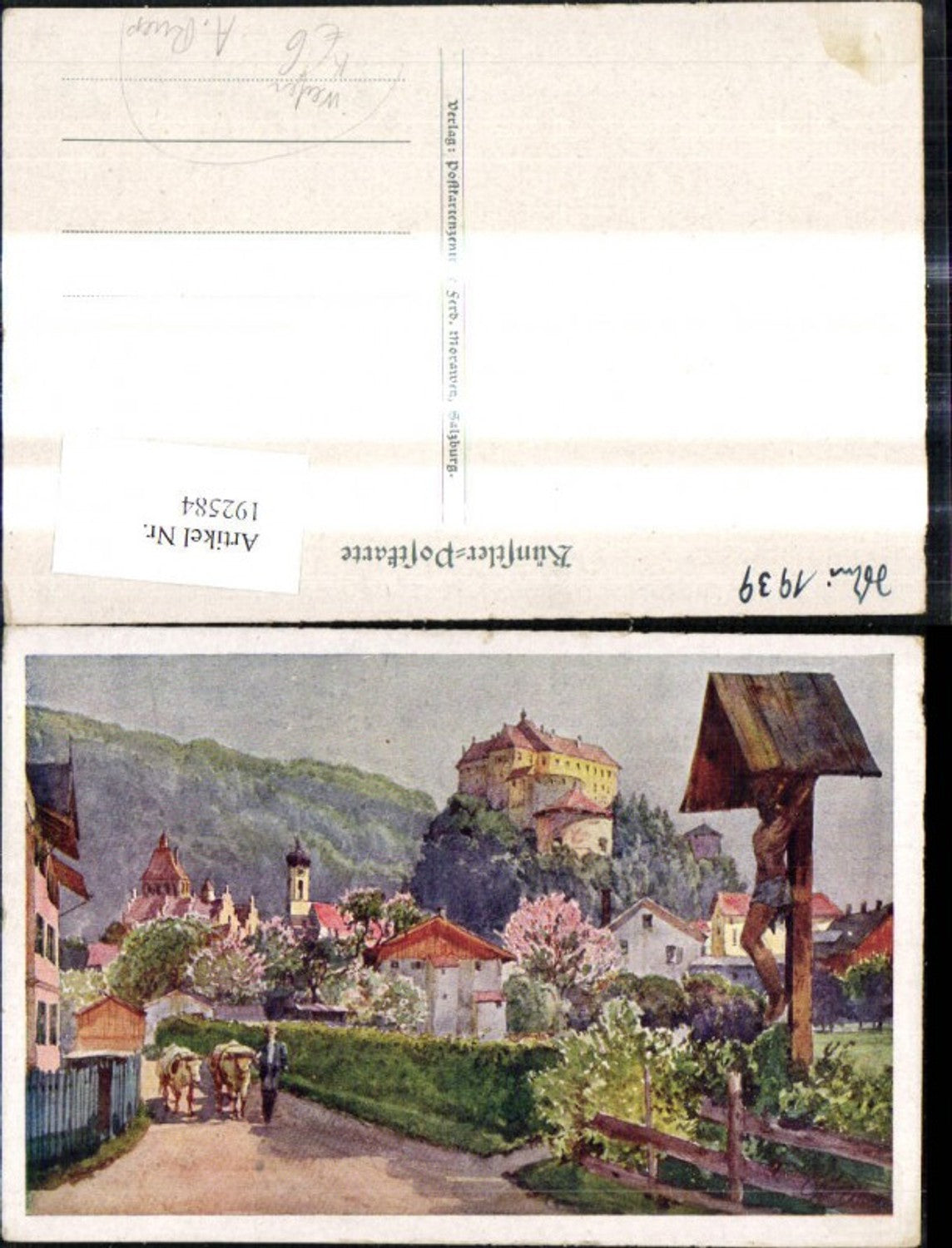 192584,Künstler Ak A. Ruep Werfen Strassenansicht m. Kühen Mann Festung i. Hintergrund