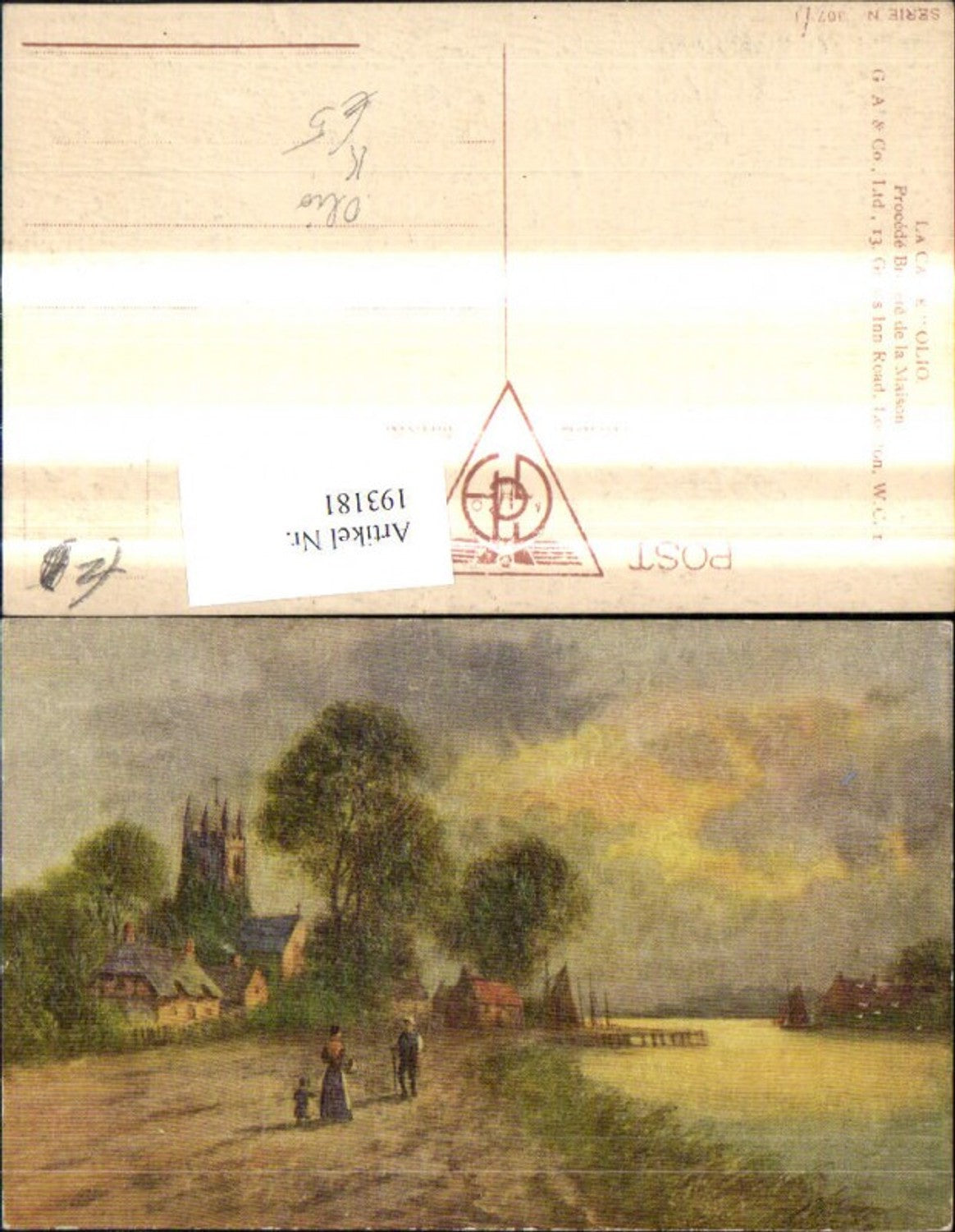 193181,Präge Künstler Ak Olio Familie Weg b. Fluss Dorf Kirche Landschaft