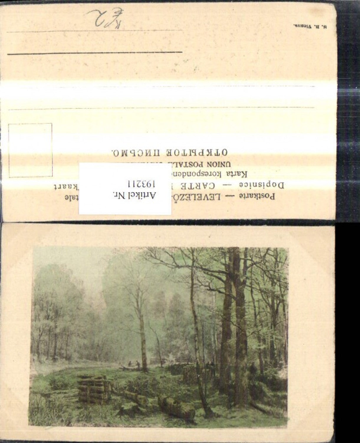 193211,Künstler Ak Wald Holzstapel Holz Männer
