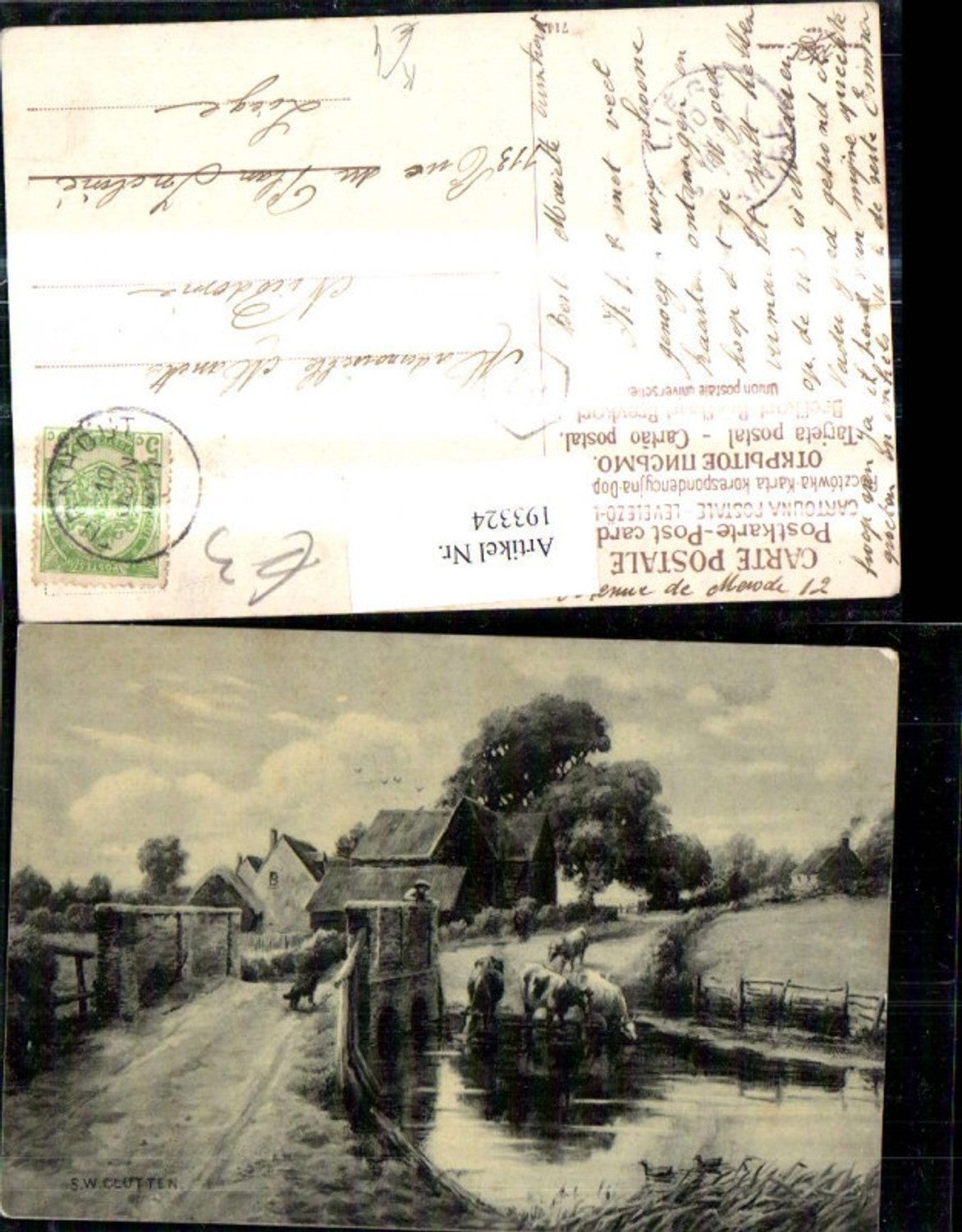 193324,Künstler Ak S. W. Clutten Mann Hund Brücke Kühe trinken aus Fluss Landschaft