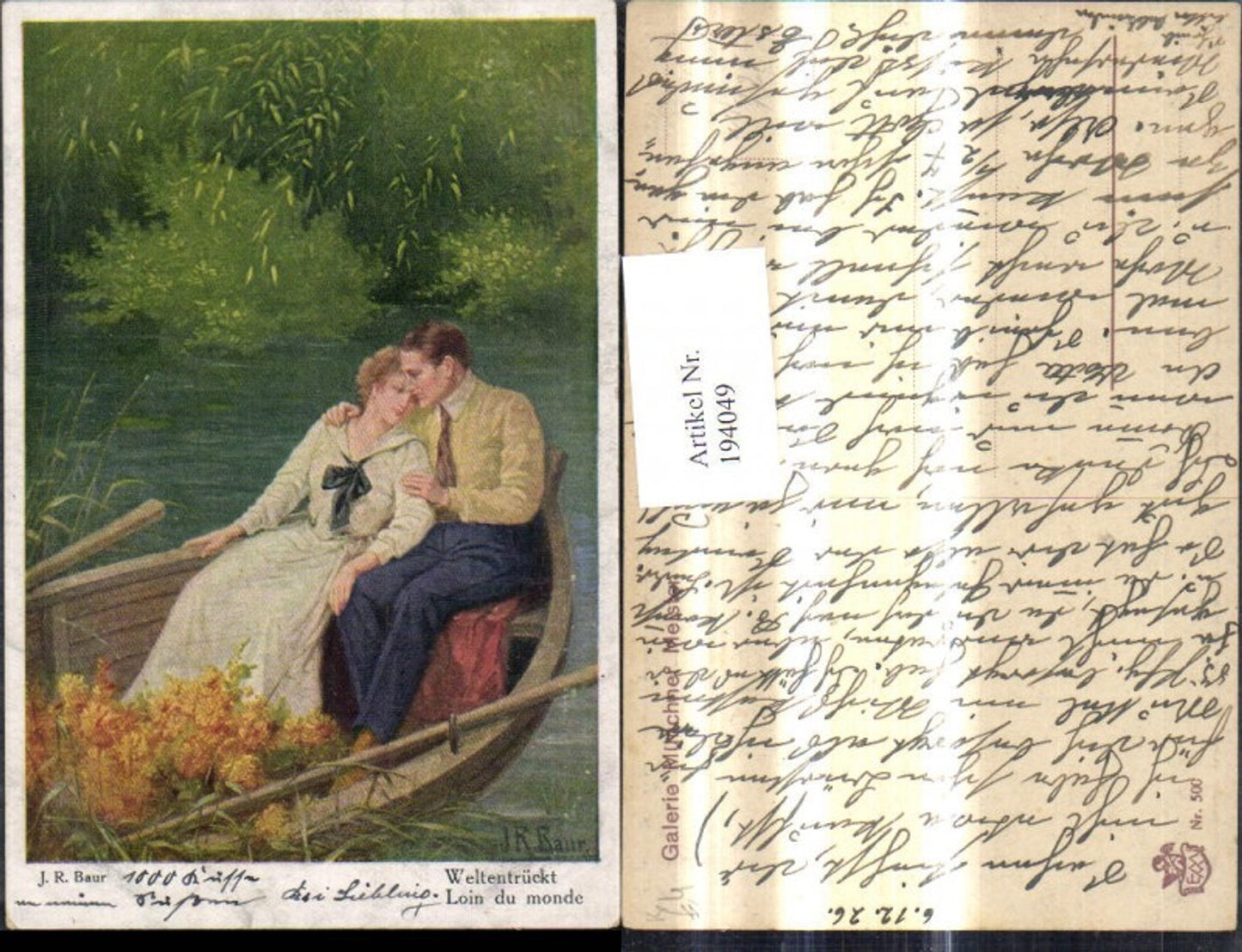 194049,Künstler Ak J. R. Baur Weltentrückt Loin du monde Liebespaar Paar Liebe Ruderboot Boot