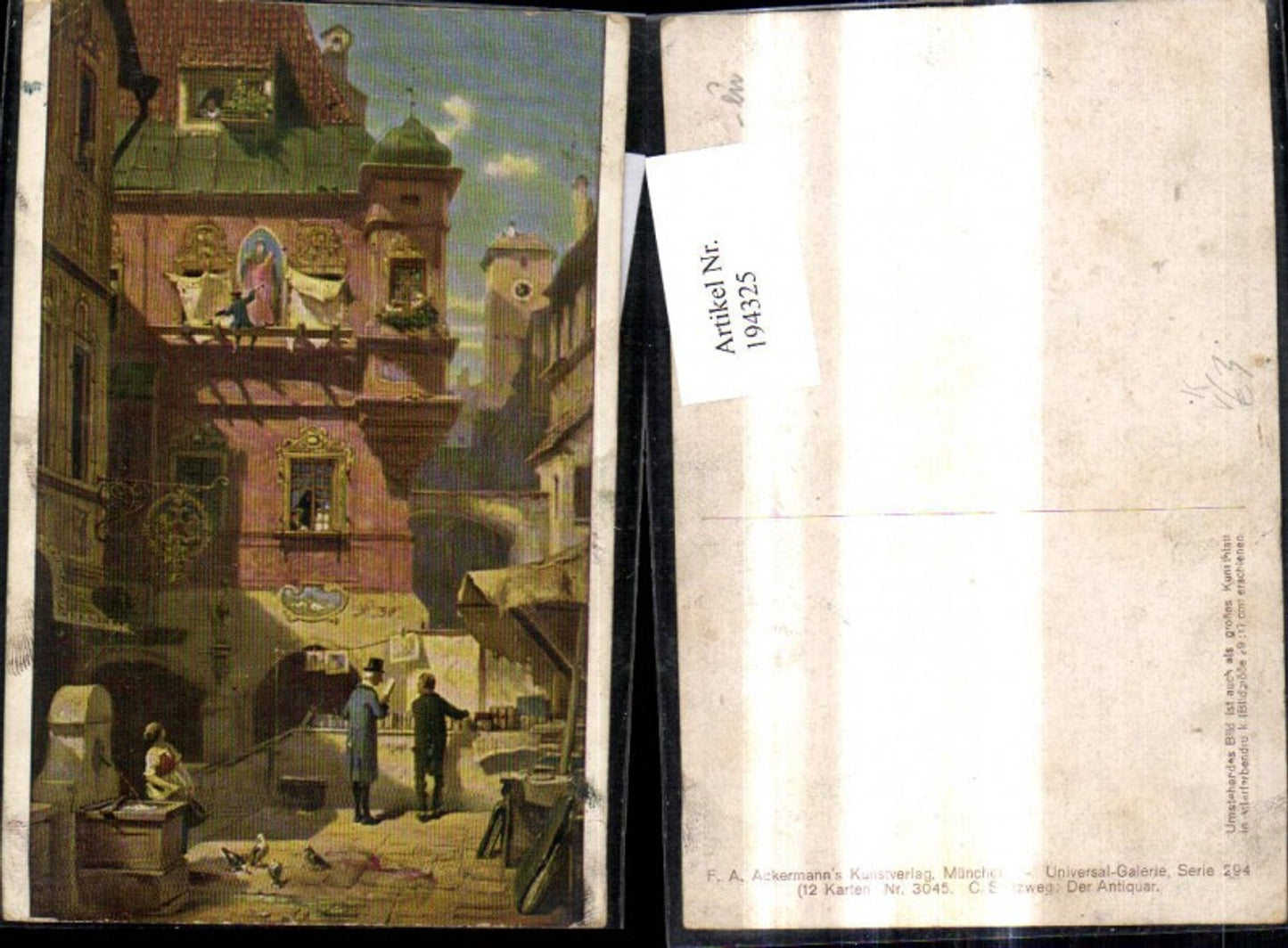 194325,Künstler Ak Carl Spitzweg Der Antiquar Männer Stadtplatz Frau a. Brunnen Tauben pub F. A. Ackermann 294/3045