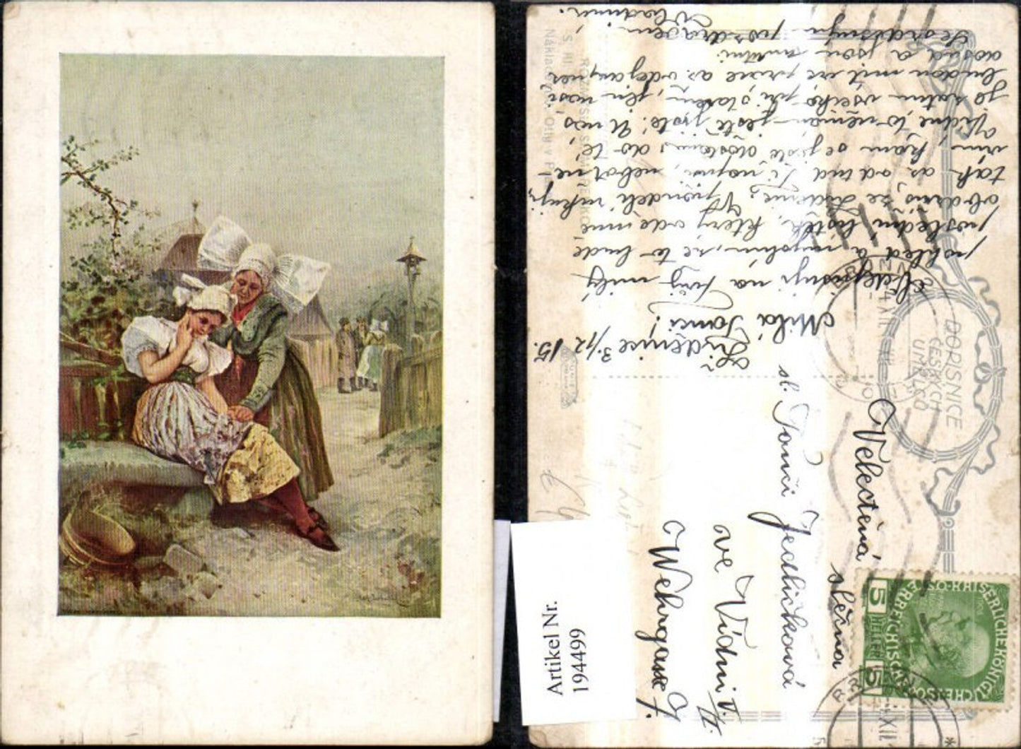 194499,Künstler Ak Adolf Liebscher Frauen Tracht Steinbank Dorf Passepartout