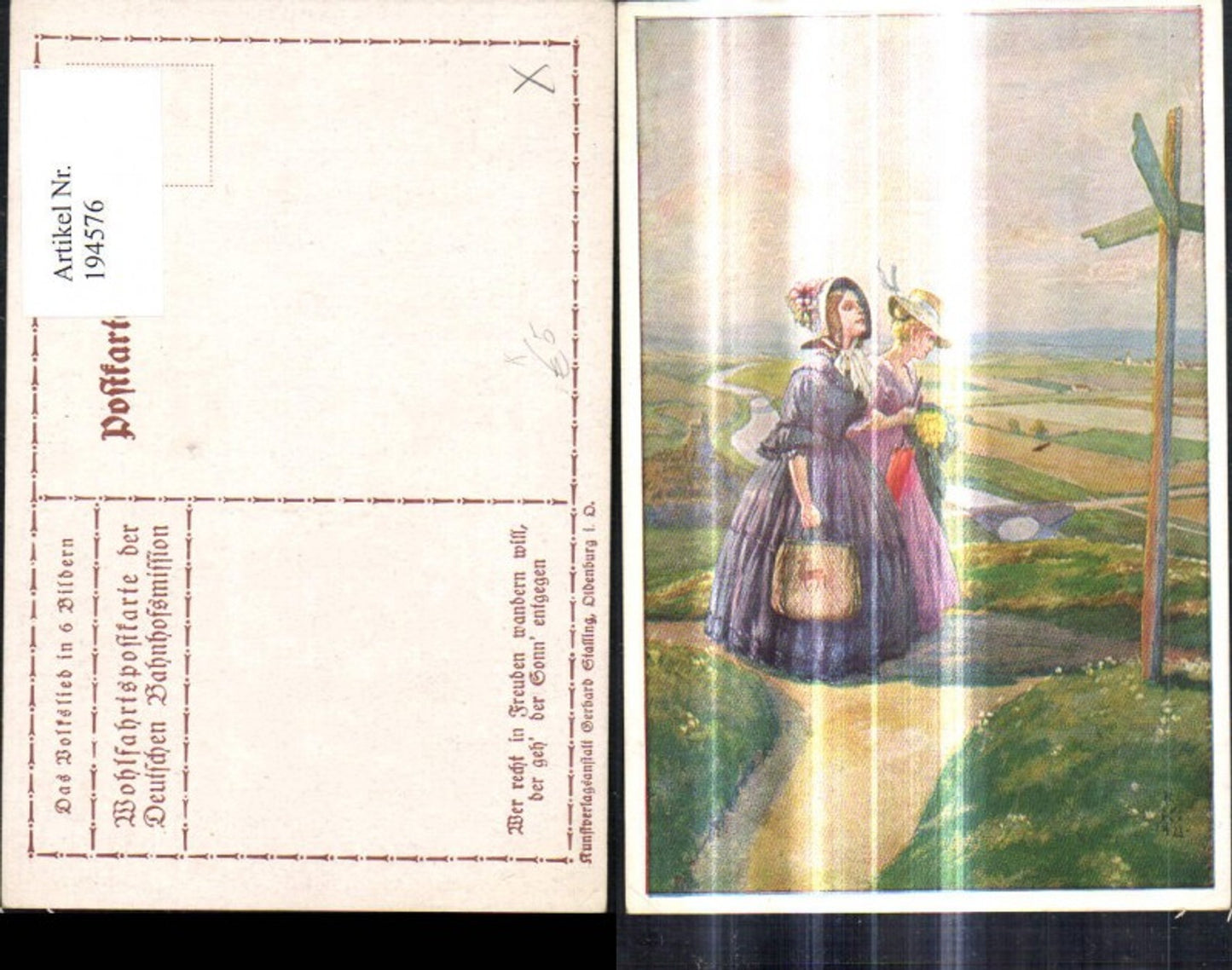 194576,Künstler Ak Frauen Wegweiser Wer recht i. Freuden wandern will d. geh der Sonn entgegen Volkslied i. Bildern
