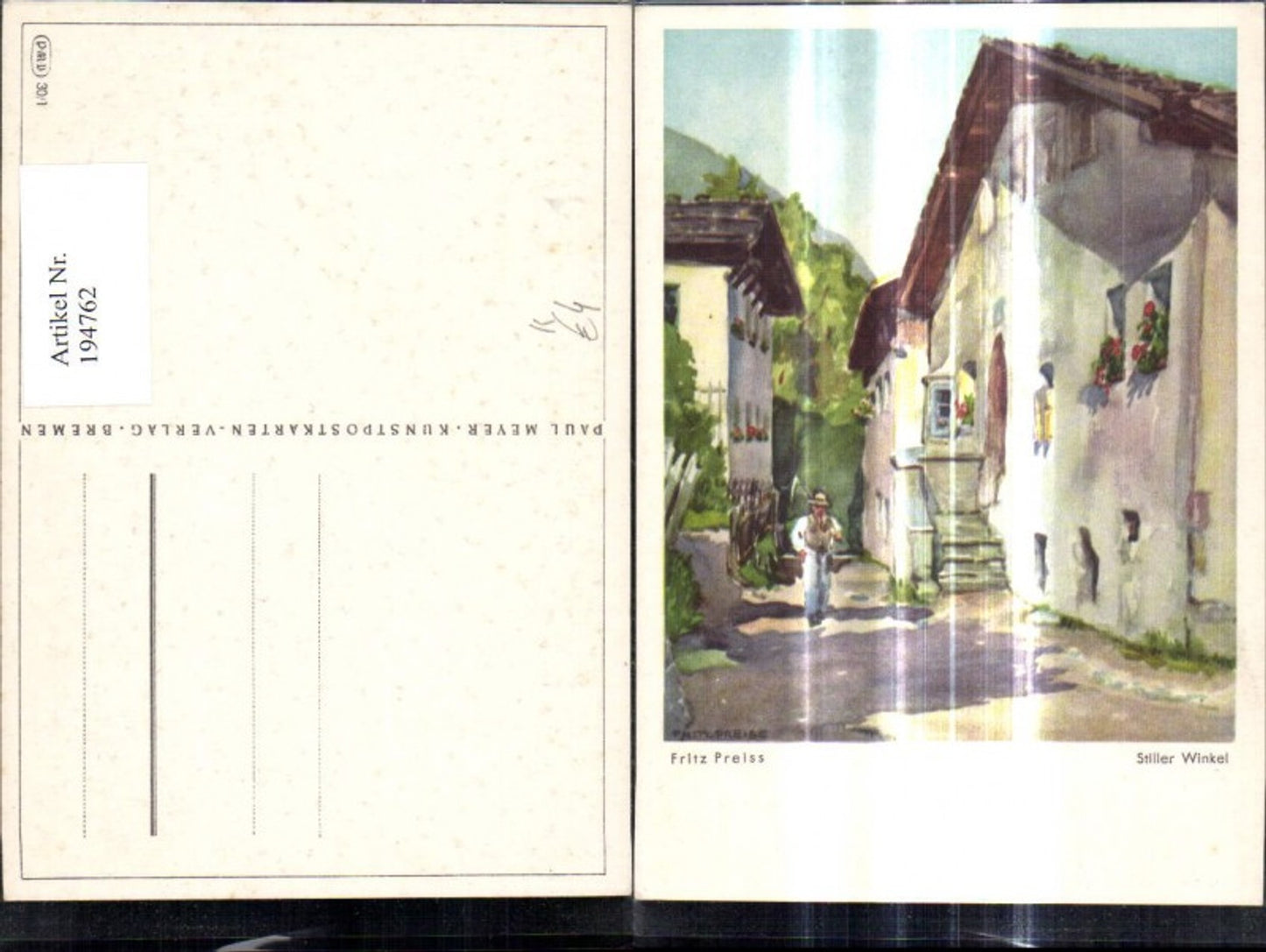 194762,Künstler Ak Fritz Preiss Stiller Winkel Mann m. Sense Strassenansicht