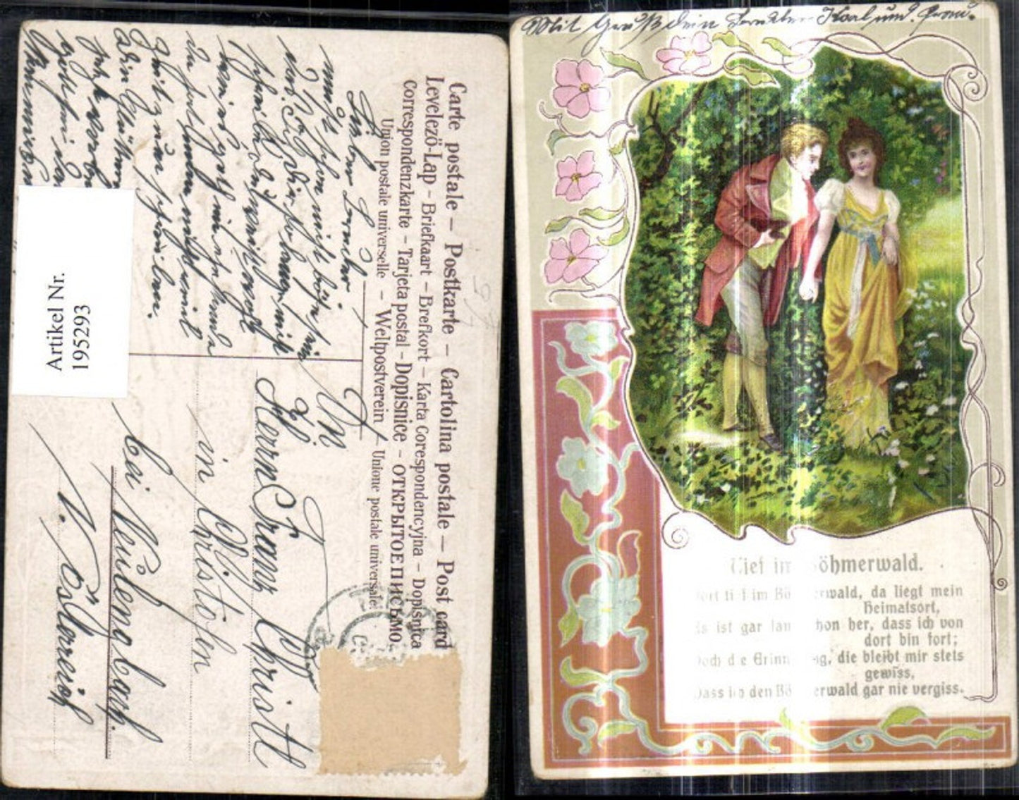 195293,Präge Litho Paar Liebe Tief im Böhmerwald Text Blumen Passepartout