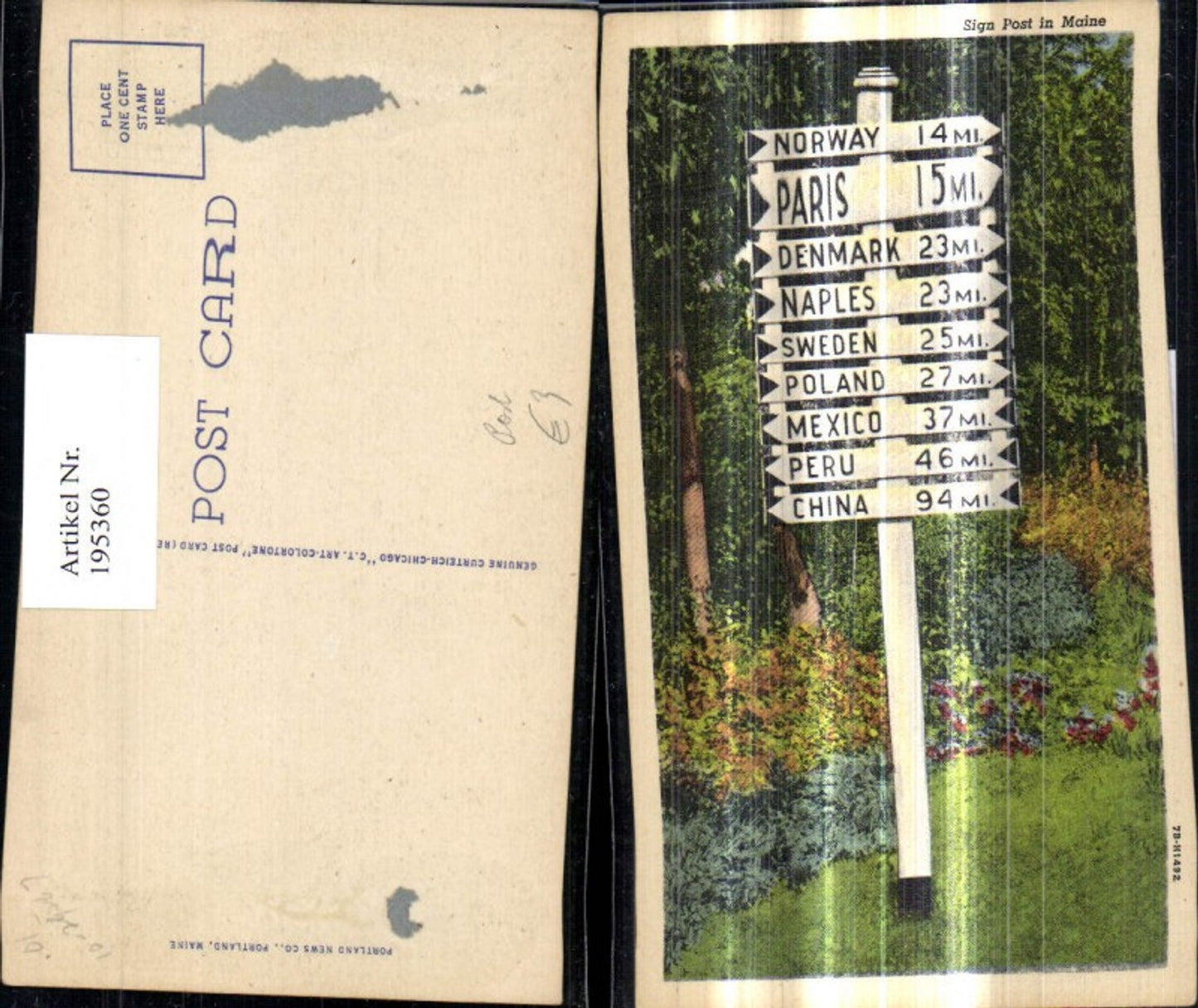 195360,Künstler Ak Wegweiser Norway Paris Denmark Sign Post in Maine
