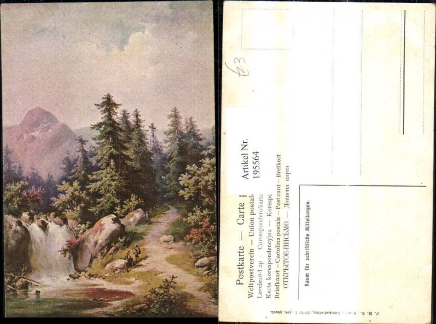 195564,Künstler Ak Jäger Wanderer b. Wasserfall Gebirge Bergkulisse