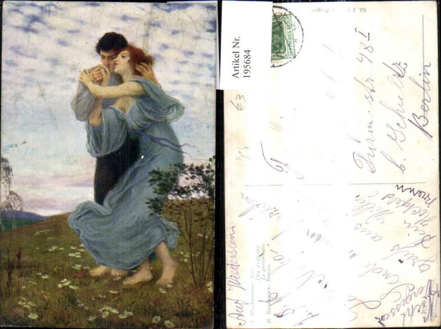 195684,Künstler Ak J. Wachsmann Der Frühling Paar Liebespaar Handkuss Umarmung Wiese