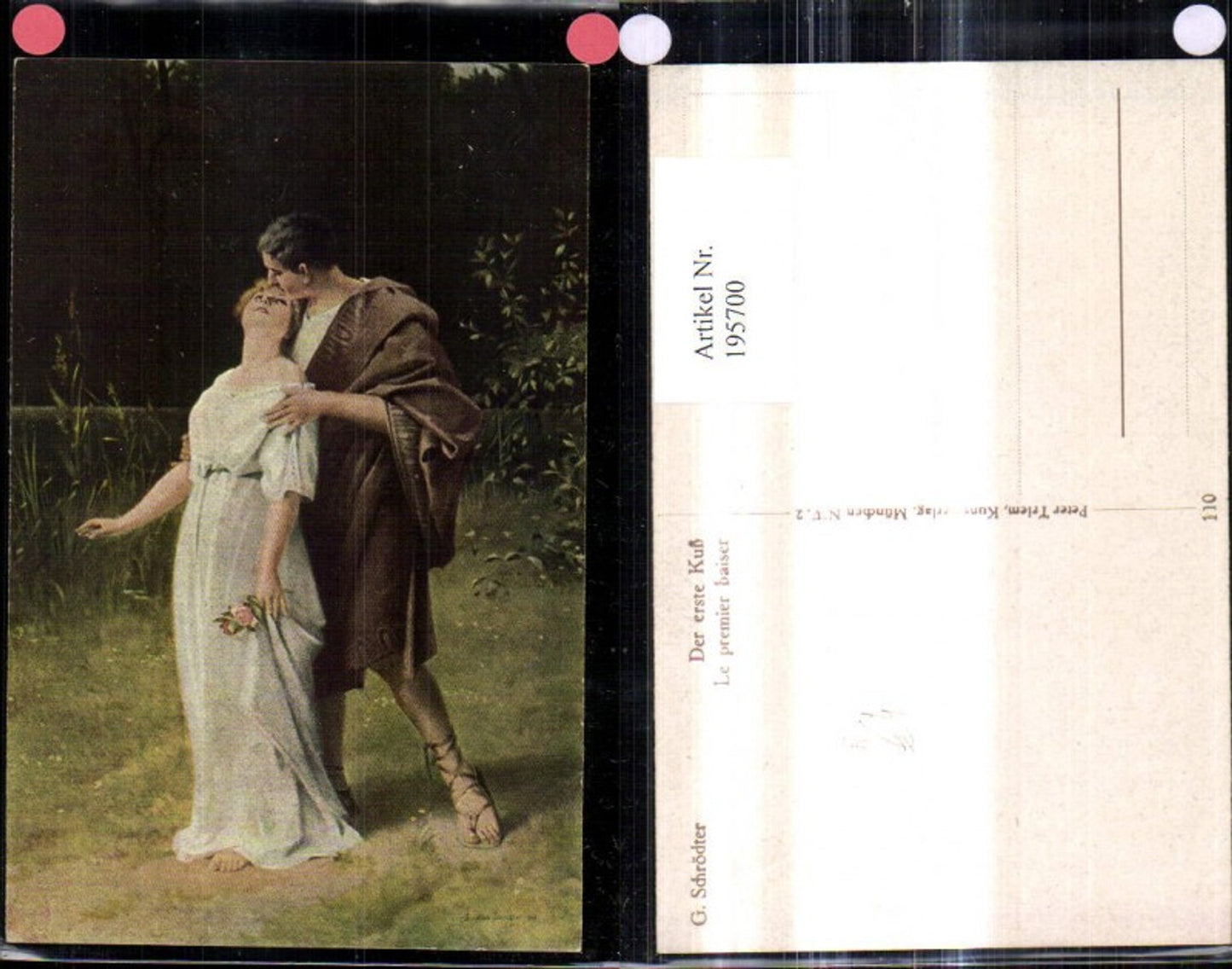 195700,Künstler Ak G. Schrödter Der erste Kuß Liebe Paar Liebespaar Rose i. Hand
